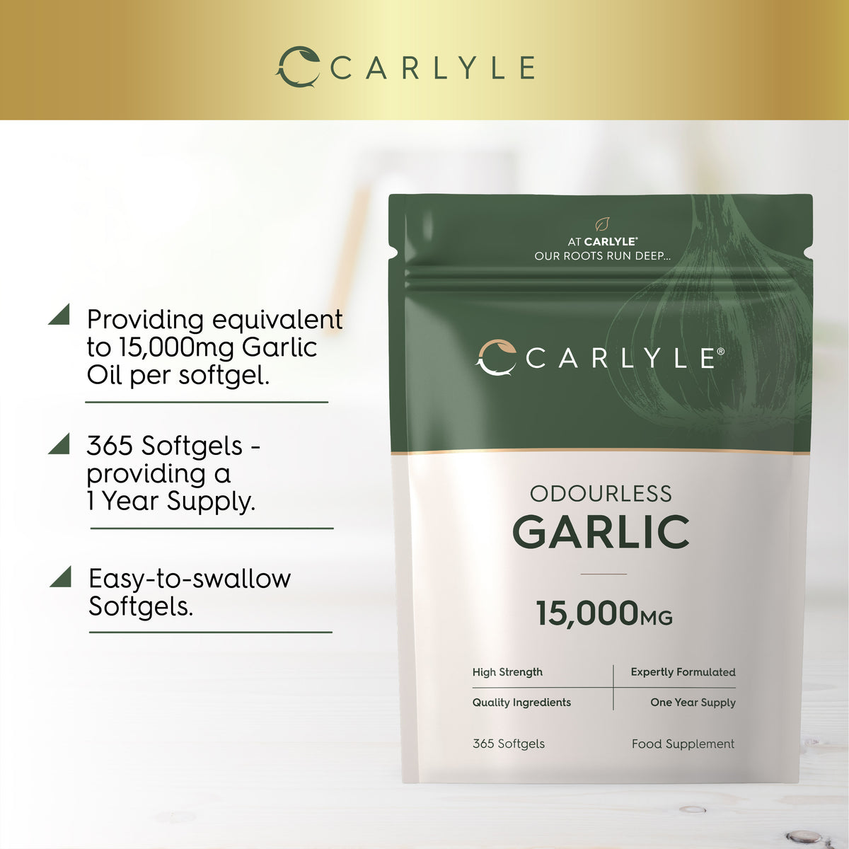 Product highlights graphic stating 15,000mg Garlic Oil per softgel, 365 softgels, 1 year supply, easy-to-swallow softgels.