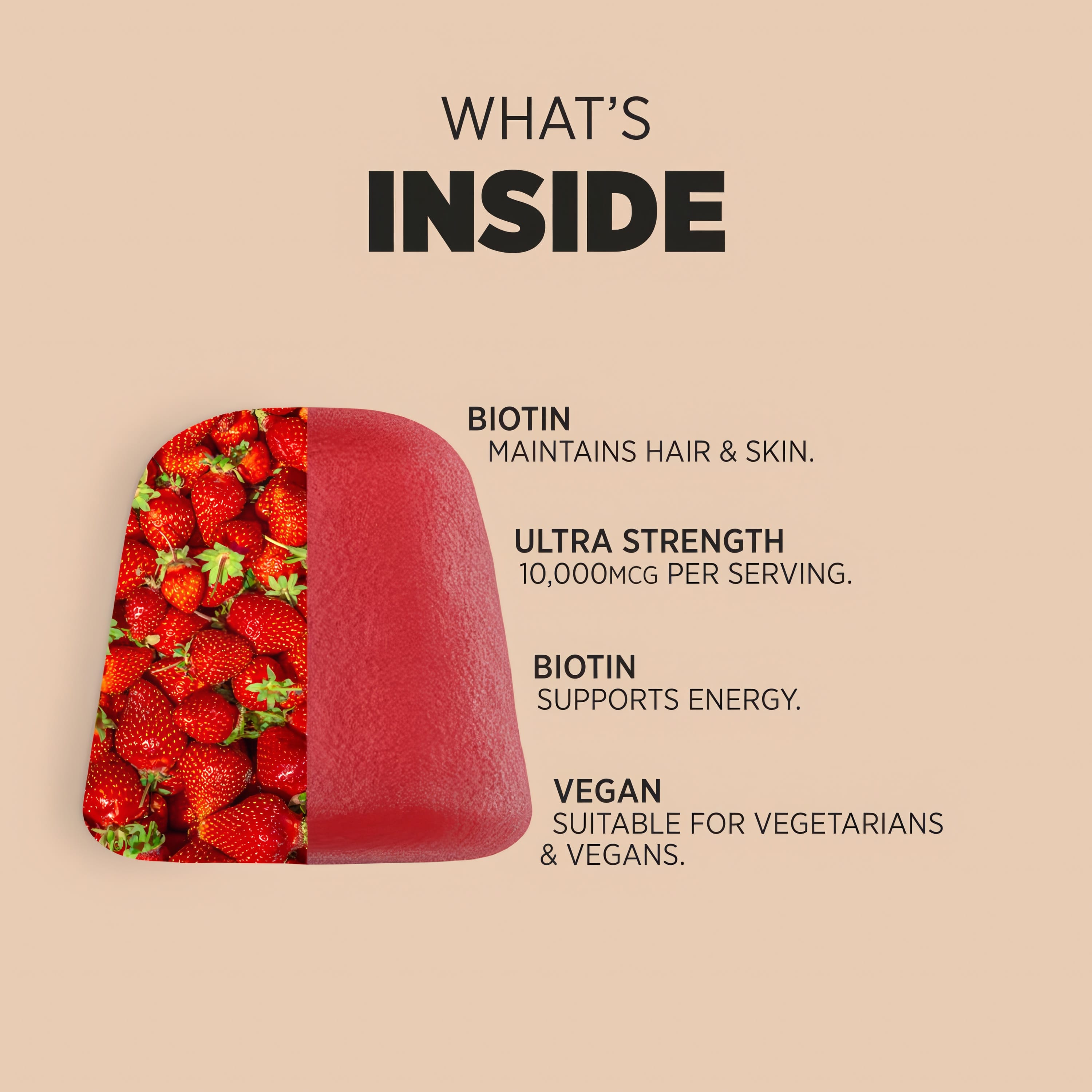 Product highlights graphic stating BIOTIN MAINTAINS HAIR & SKIN, ULTRA STRENGTH 10,000MCG PER SERVING, BIOTIN SUPPORTS ENERGY, VEGAN.