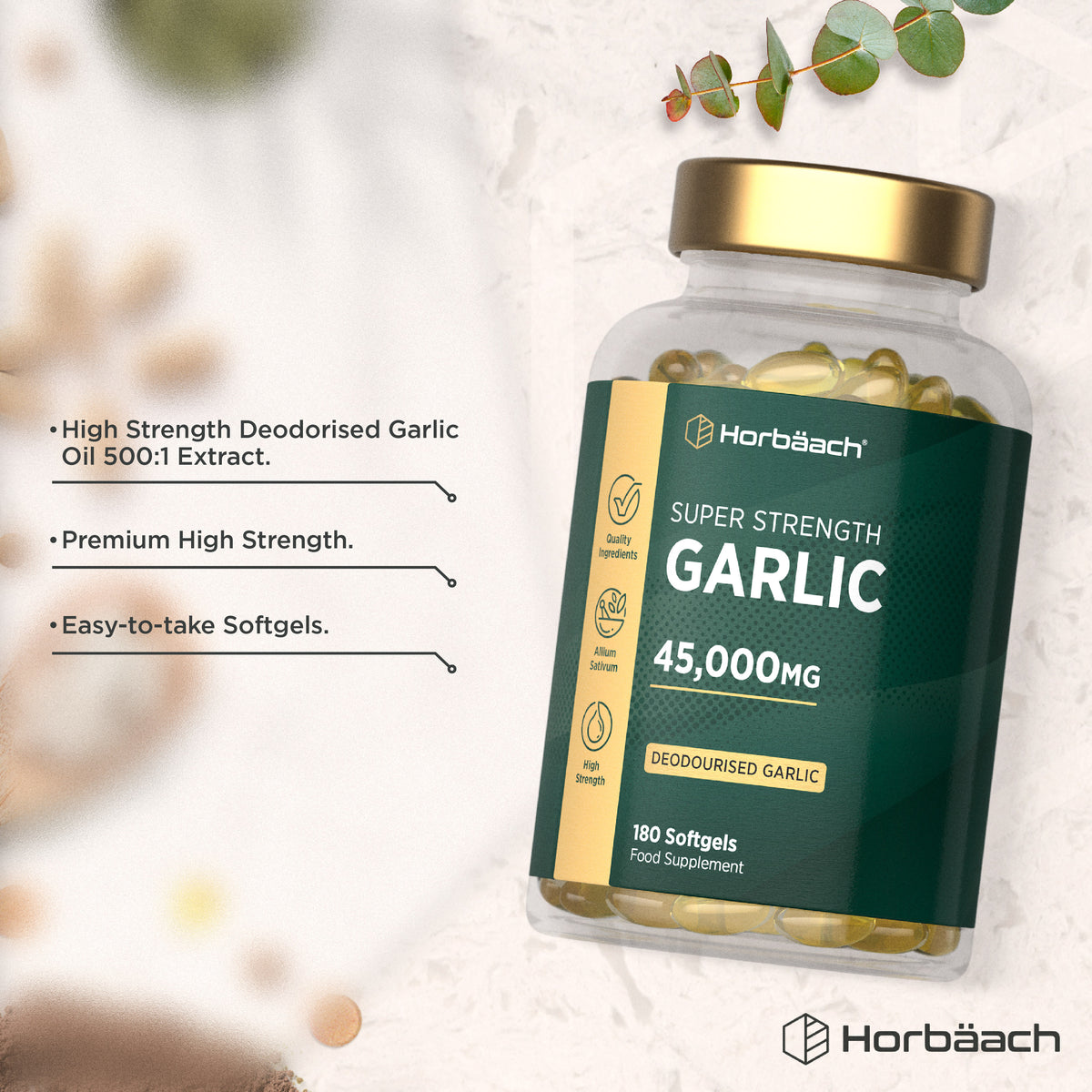 Product highlights graphic stating High Strength Deodorised Garlic Oil 500:1 Extract, Premium High Strength, Easy-to-take Softgels.