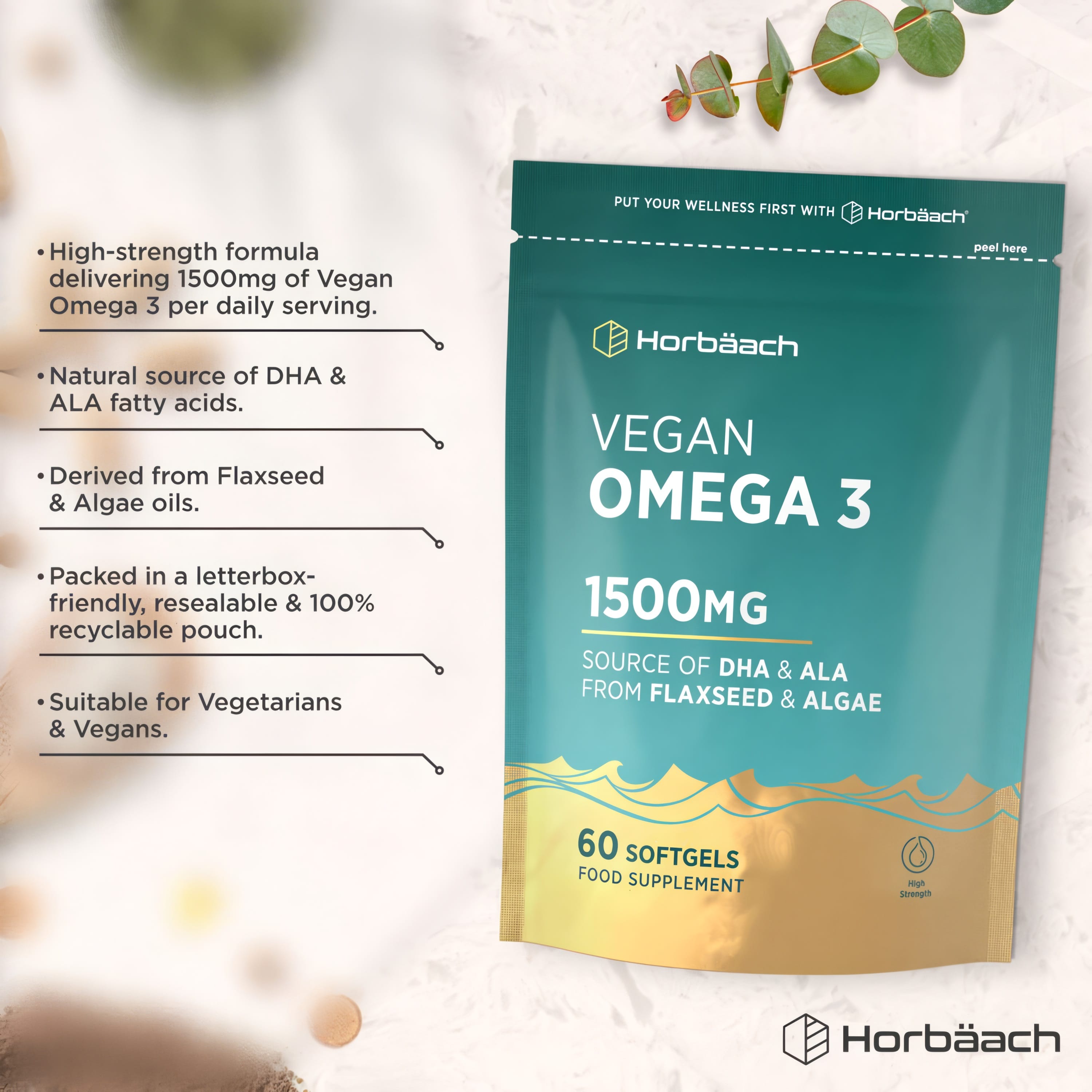 Product highlights graphic stating High-strength 1500mg Vegan Omega 3 with natural DHA & ALA from Flaxseed & Algae, for Vegans & Vegetarians.