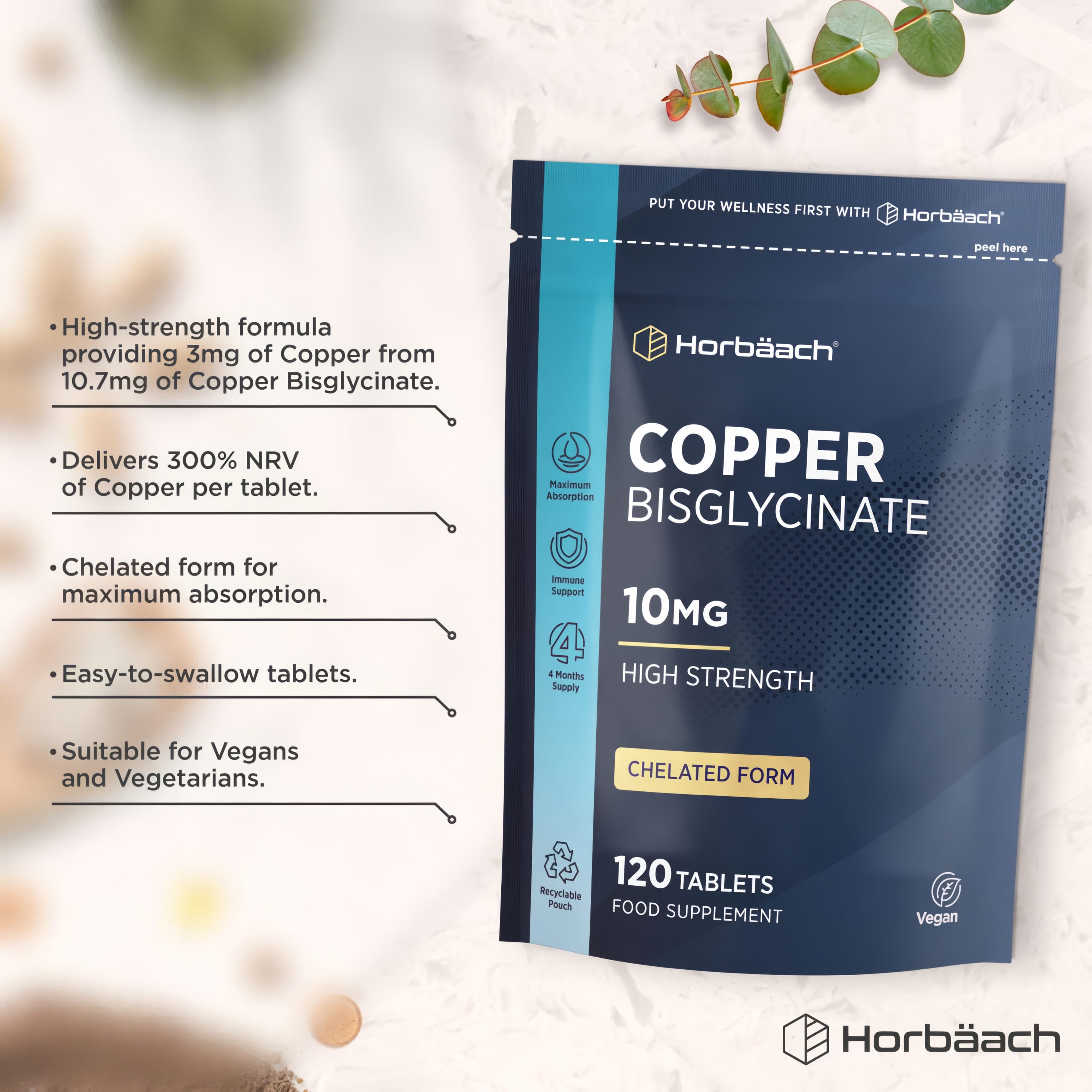 Product highlights graphic stating 3mg Copper from Bisglycinate (300% NRV), chelated max absorption, easy-to-swallow, vegan/vegetarian.