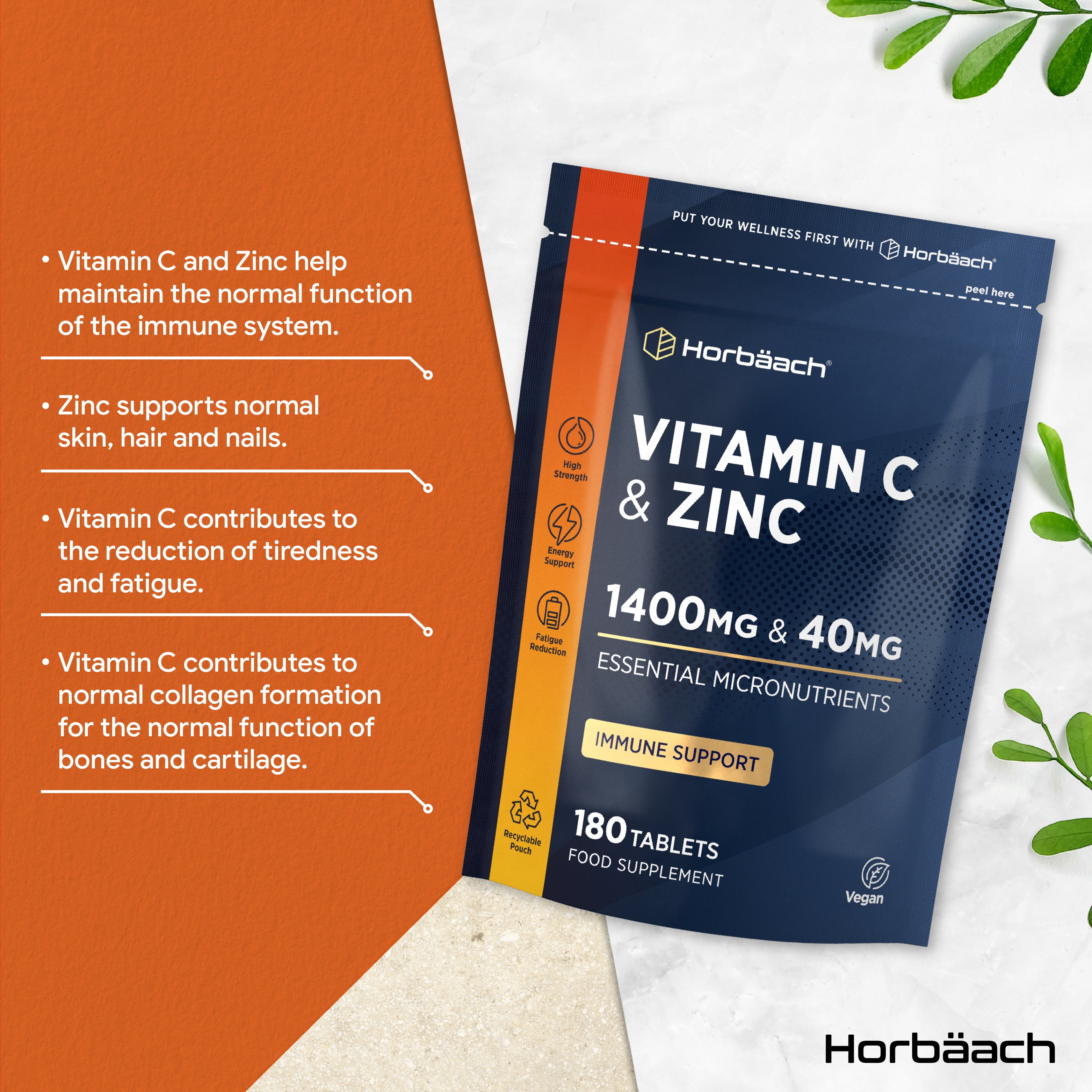 Vitamin C and Zinc supplement: 1400mg & 40mg, 180 vegan tablets.