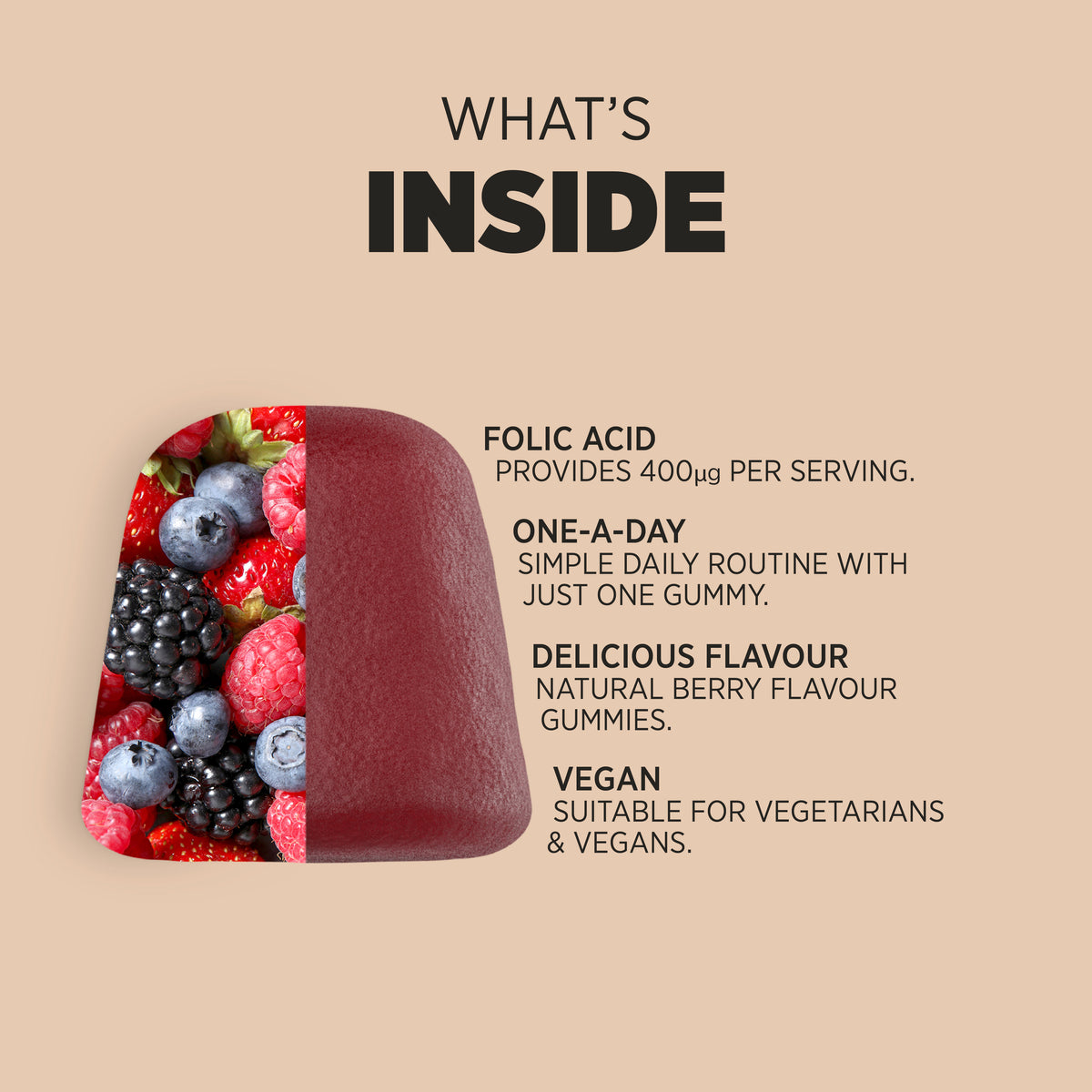 Product highlights graphic stating Folic Acid 400µg per serving, One-a-day gummy, Natural berry flavour, Vegan & vegetarian suitable.
