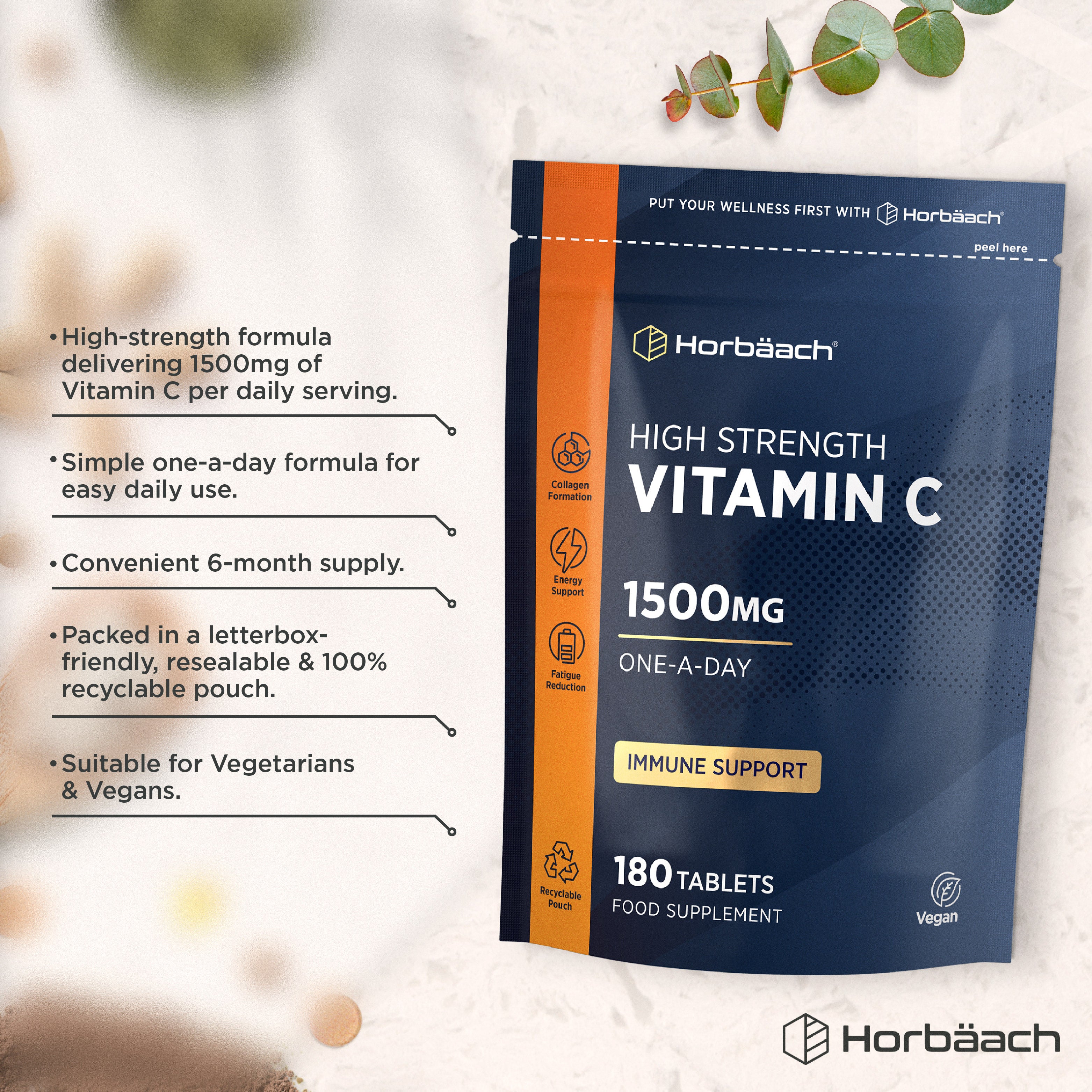 Horbäach High Strength Vitamin C 1500mg One-A-Day 180 Tablets food supplement in a pouch.