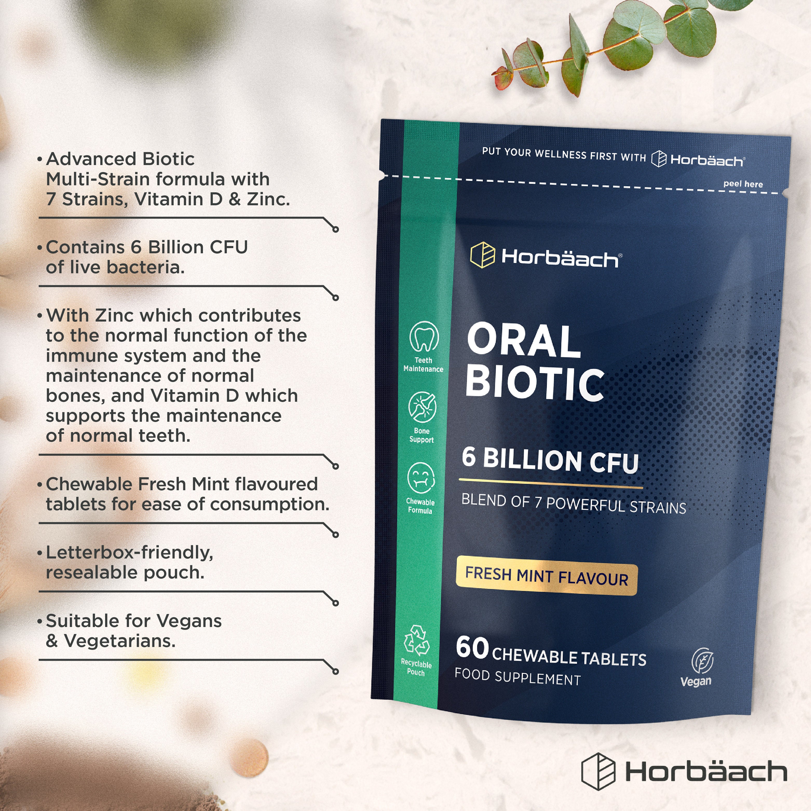 Horbäach Oral Biotic, 6 Billion CFU, 60 vegan chewable tablets, fresh mint flavor.