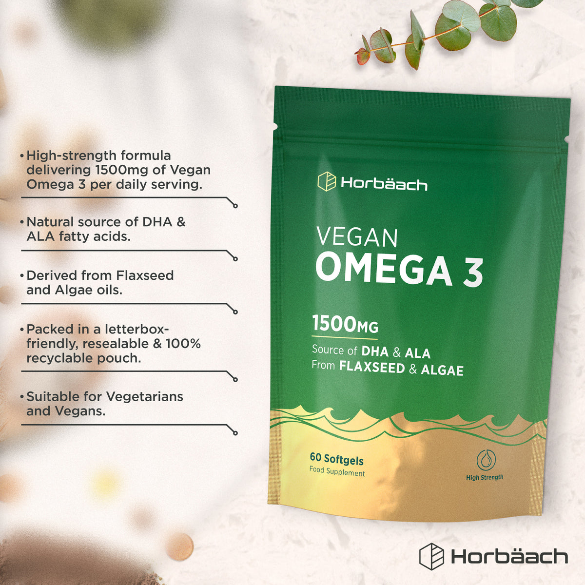 Product highlights graphic stating 1500mg Vegan Omega 3 daily, DHA & ALA from Flaxseed/Algae oils, Resealable/recyclable pouch.