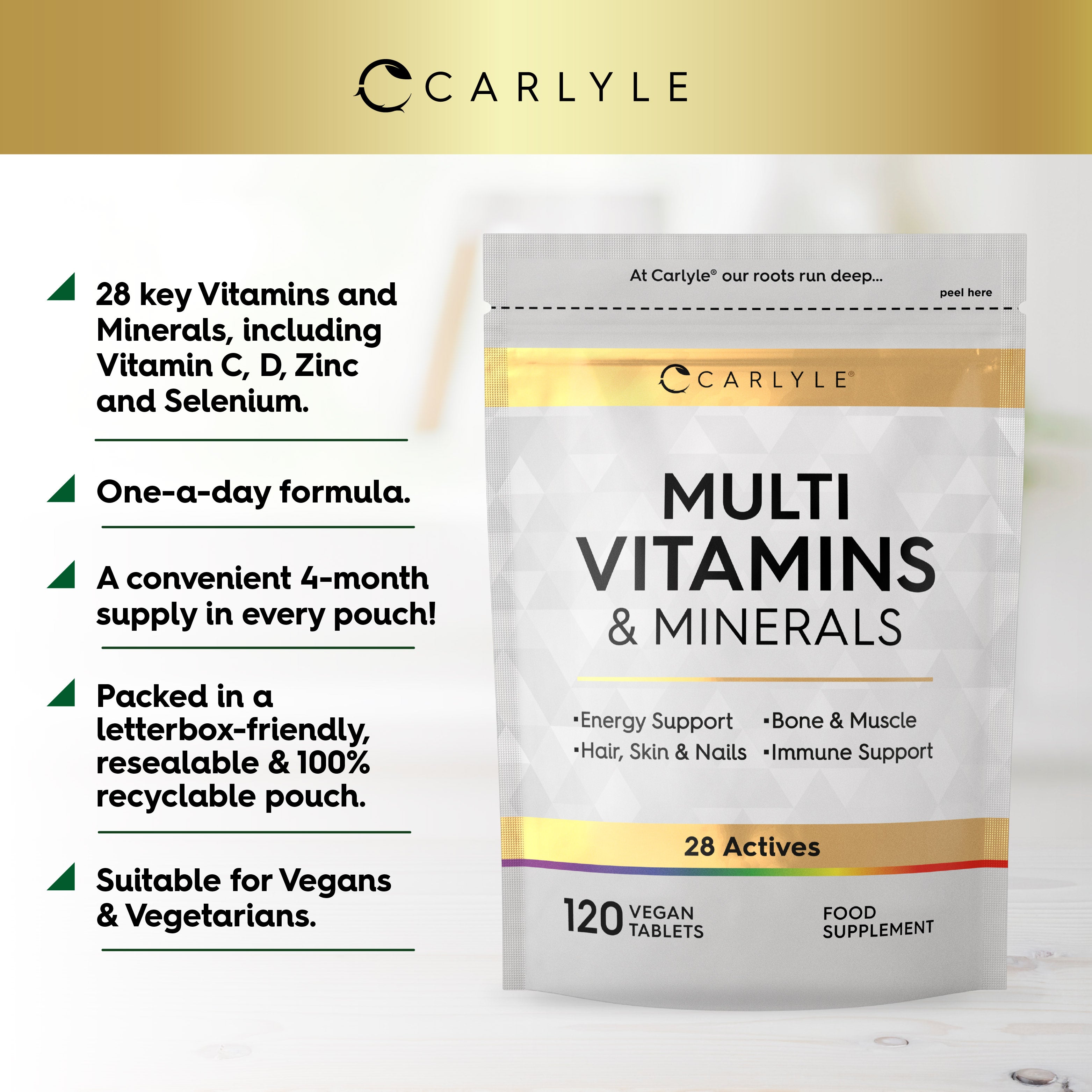 Carlyle Multi Vitamins & Minerals pouch with 120 vegan tablets, featuring 28 actives, as a food supplement.