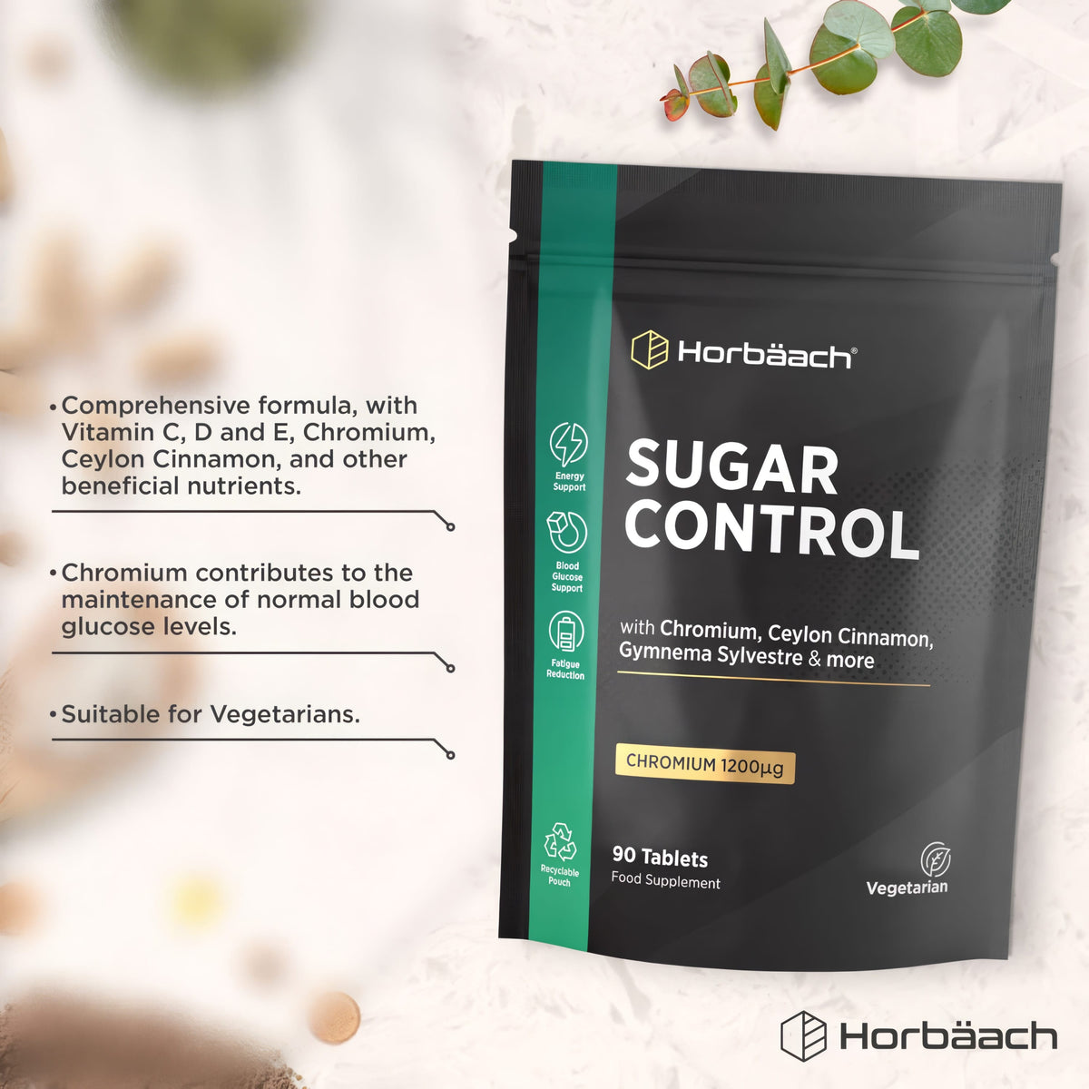 Sugar Control 90 Tablets pouch with Chromium 1200µg, Ceylon Cinnamon, Gymnema Sylvestre. Supports blood glucose and energy.
