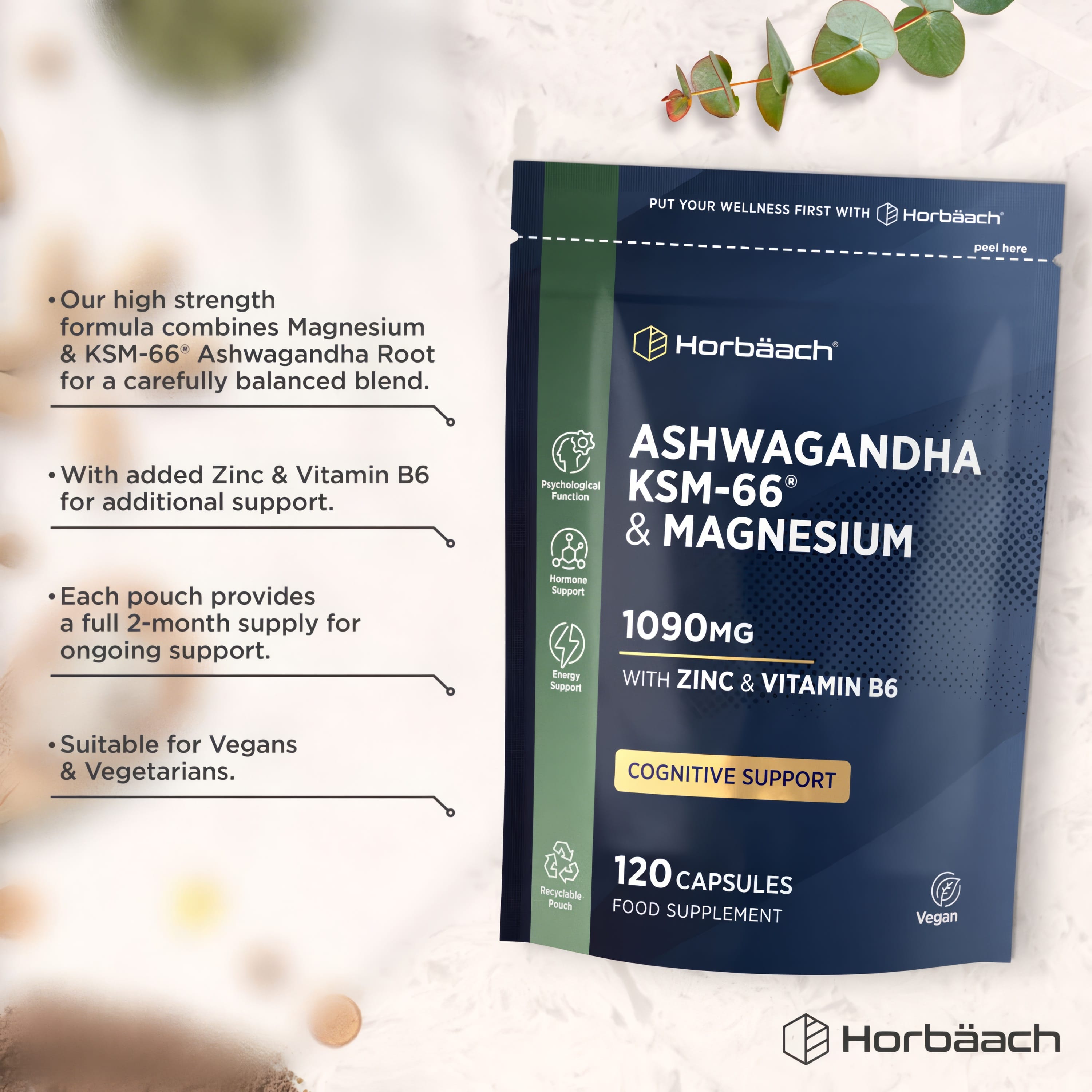 Product highlights graphic stating high strength Magnesium & KSM-66 Ashwagandha blend, with Zinc & Vitamin B6, 2-month supply, vegan.