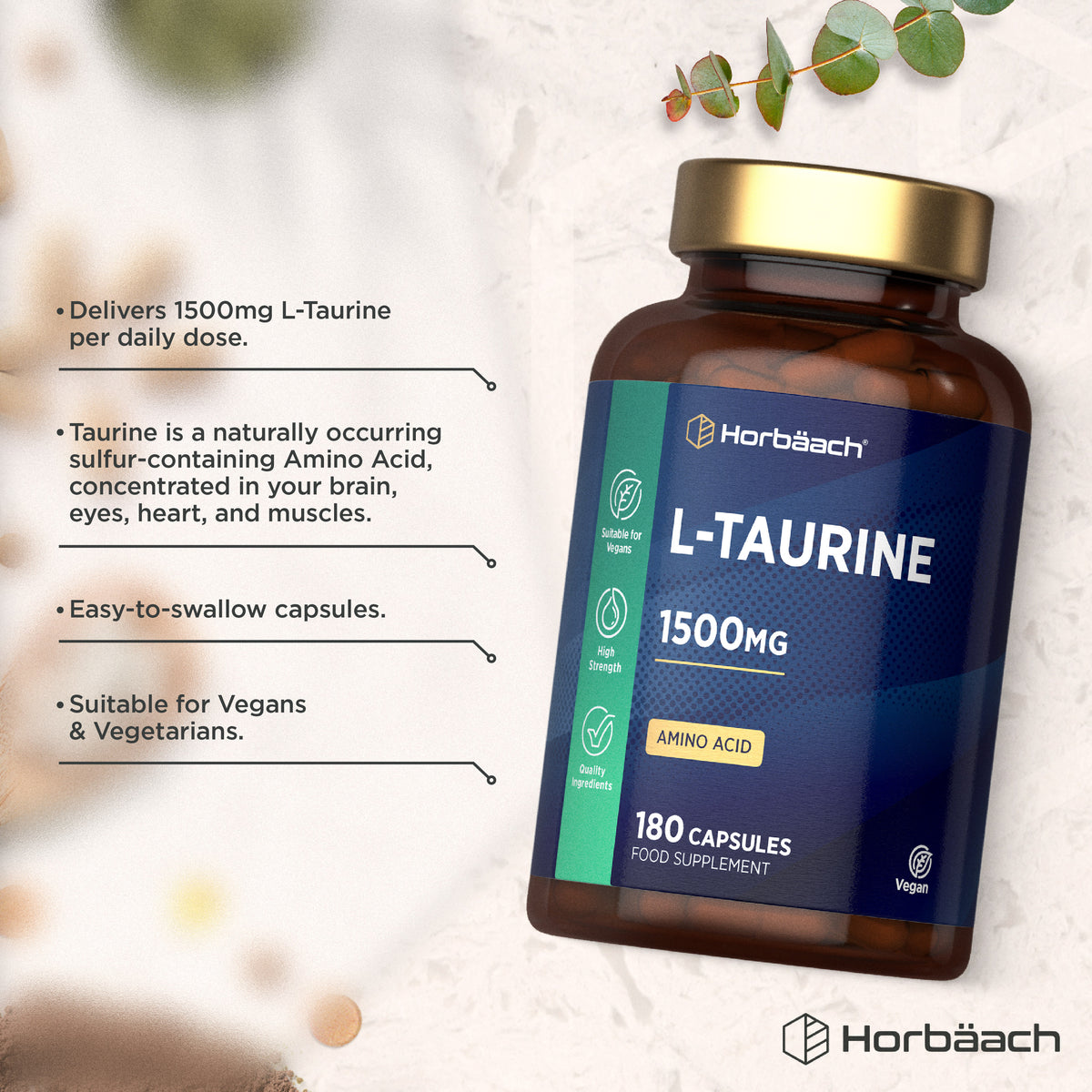Horbäach L-Taurine 1500mg amino acid food supplement, 180 vegan capsules in a product image.