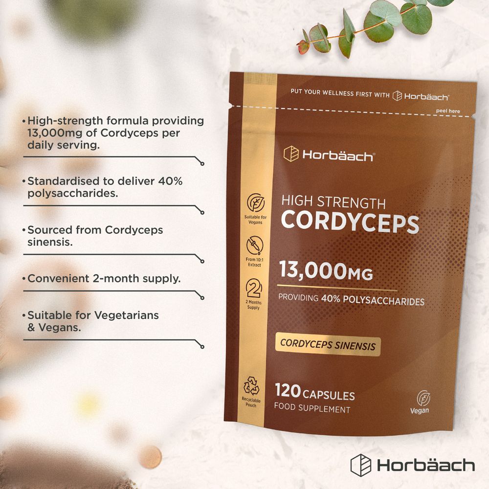 Horbäach High Strength Cordyceps 13,000mg bottle with 120 vegan capsules displayed on hand scale.
