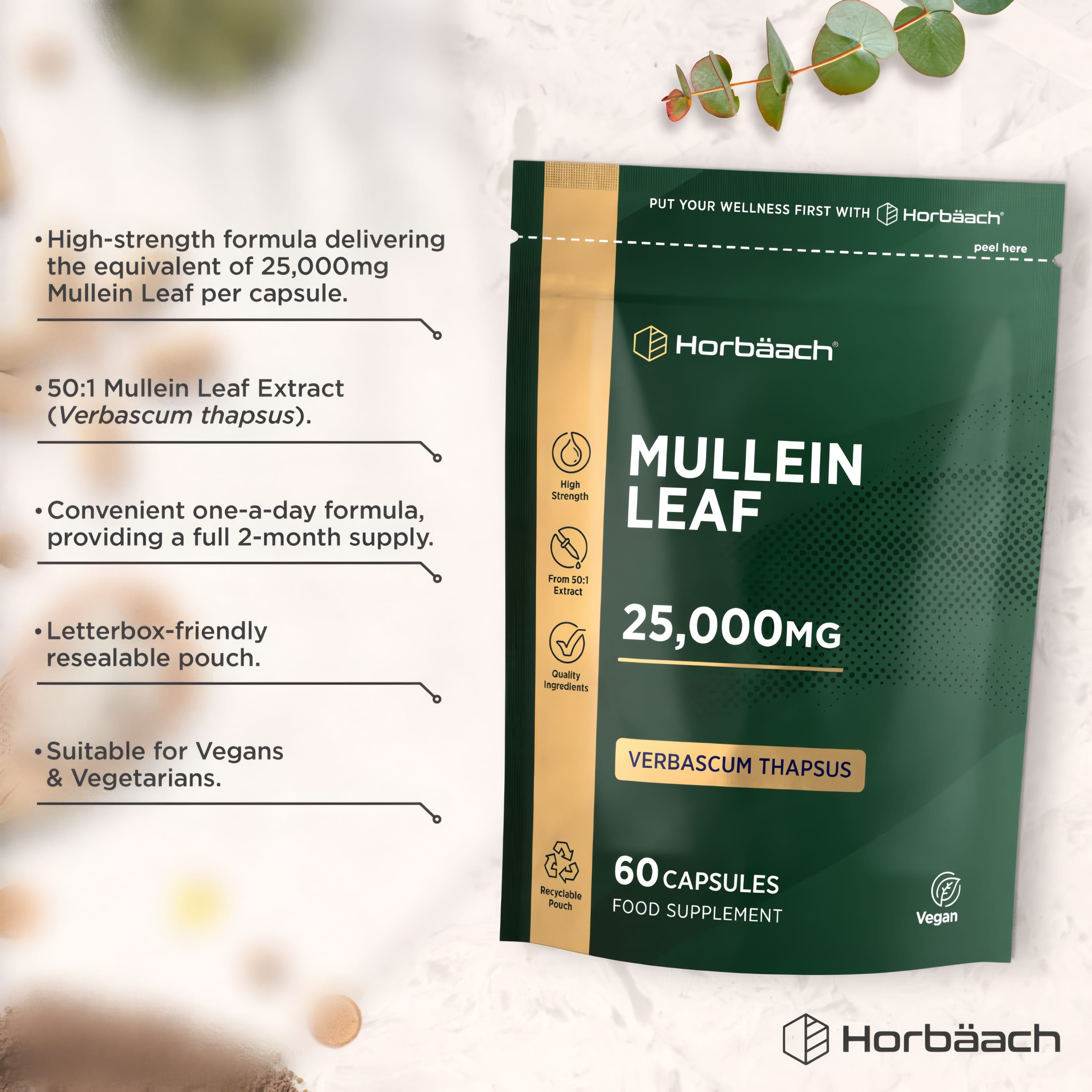 Product highlights graphic stating 25,000mg (50:1 Extract), one-a-day, 2-month supply, resealable pouch, vegan and vegetarian.