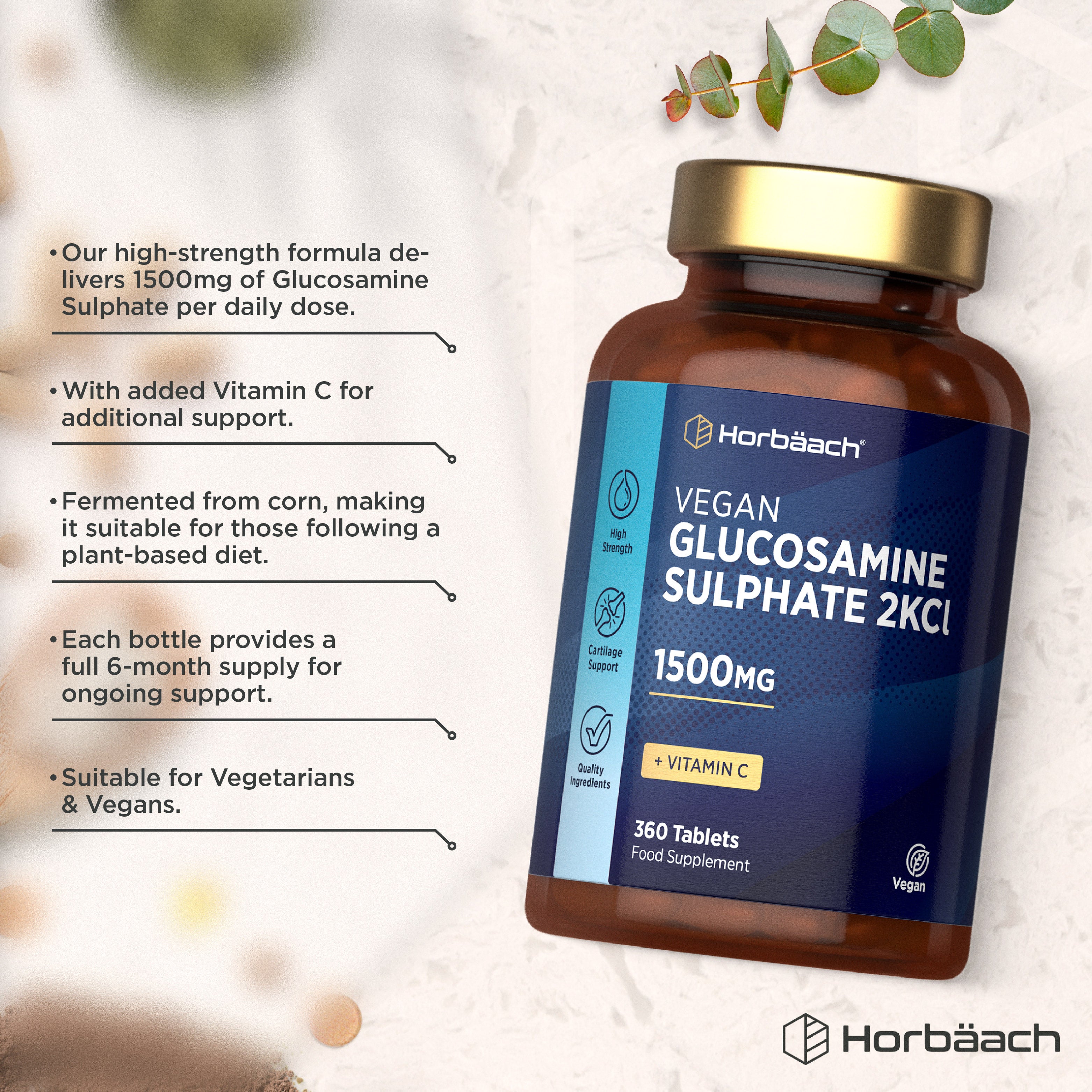 Product highlights graphic stating 1500mg Glucosamine Sulphate, plus Vitamin C, corn-fermented, 6-month supply, vegan-friendly.