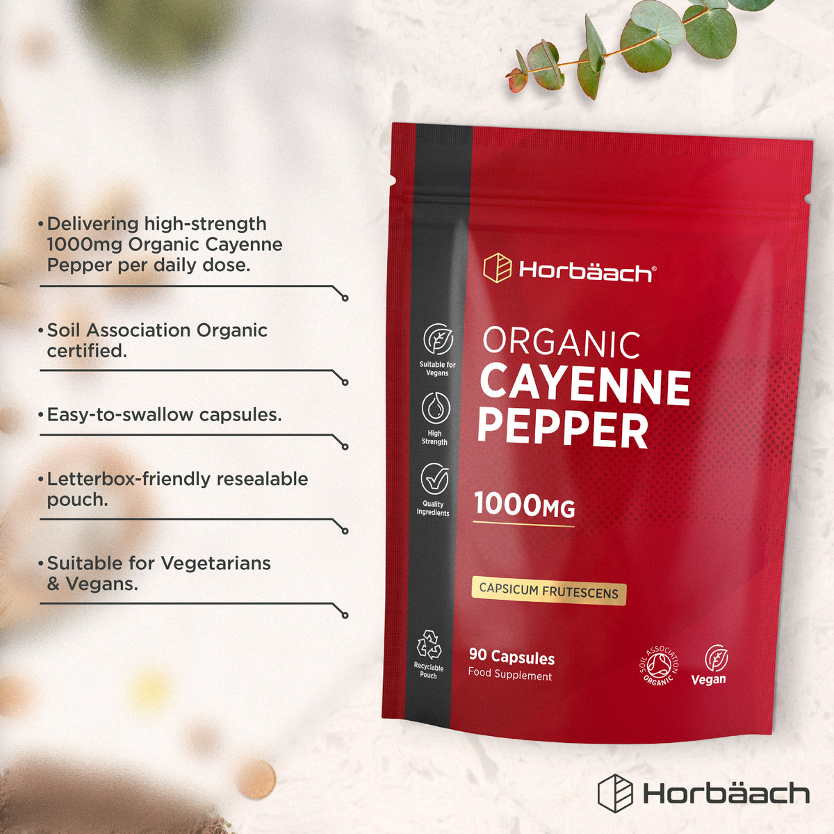 Organic Cayenne Pepper 1000mg 90 Vegan Capsules pouch. Certified organic, easy-to-swallow, letterbox-friendly packaging.