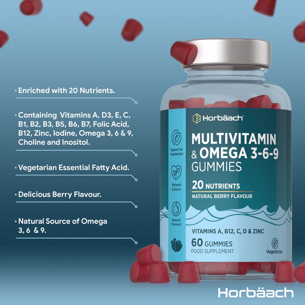 Many red berry-shaped Multivitamin & Omega 3-6-9 Gummies are scattered around a 60-count bottle.