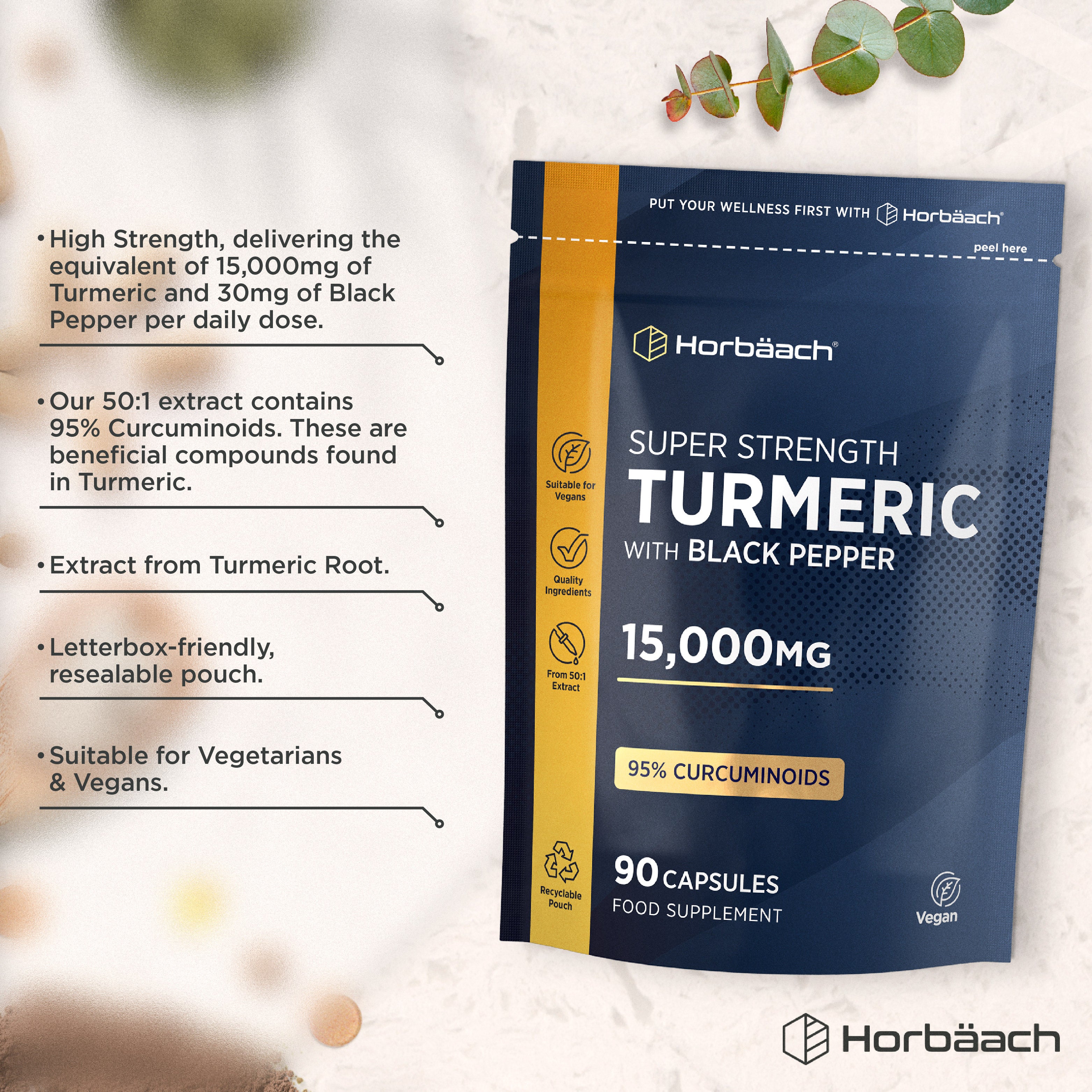 Super Strength Turmeric with Black Pepper, 15,000mg, 90 Vegan Capsules, 95% Curcuminoids, Food Supplement.