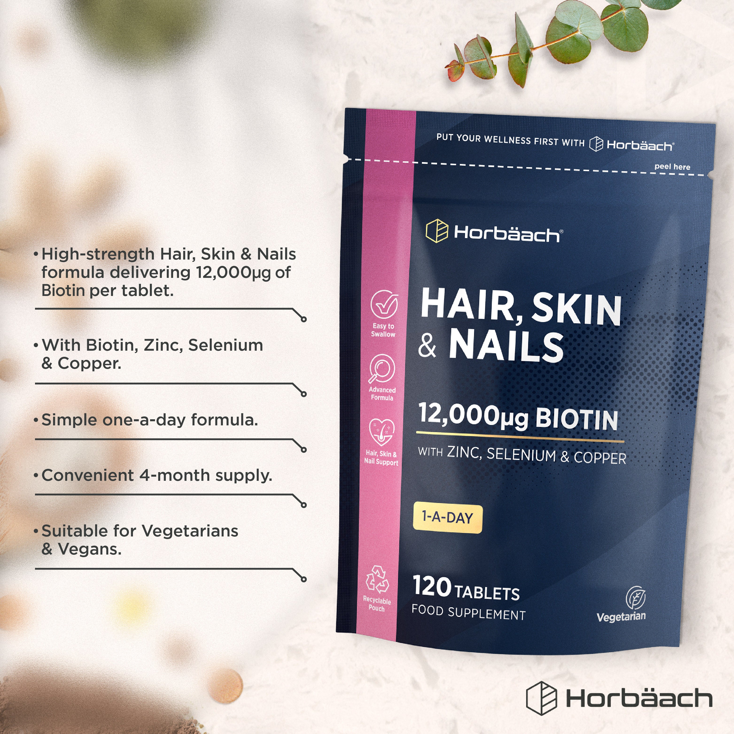 Horbäaach Hair, Skin & Nails 12,000µg Biotin with Zinc, Selenium & Copper, 1-A-DAY 120 Tablets Food Supplement.