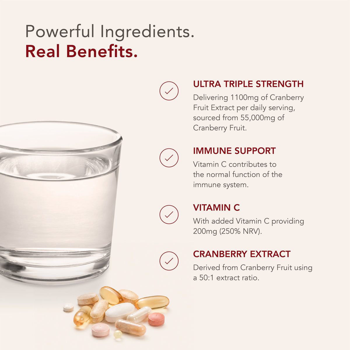 Product highlights graphic stating 1100mg Cranberry Fruit Extract (55,000mg equiv, 50:1 ratio), Vitamin C for immune support (200mg, 250% NRV).