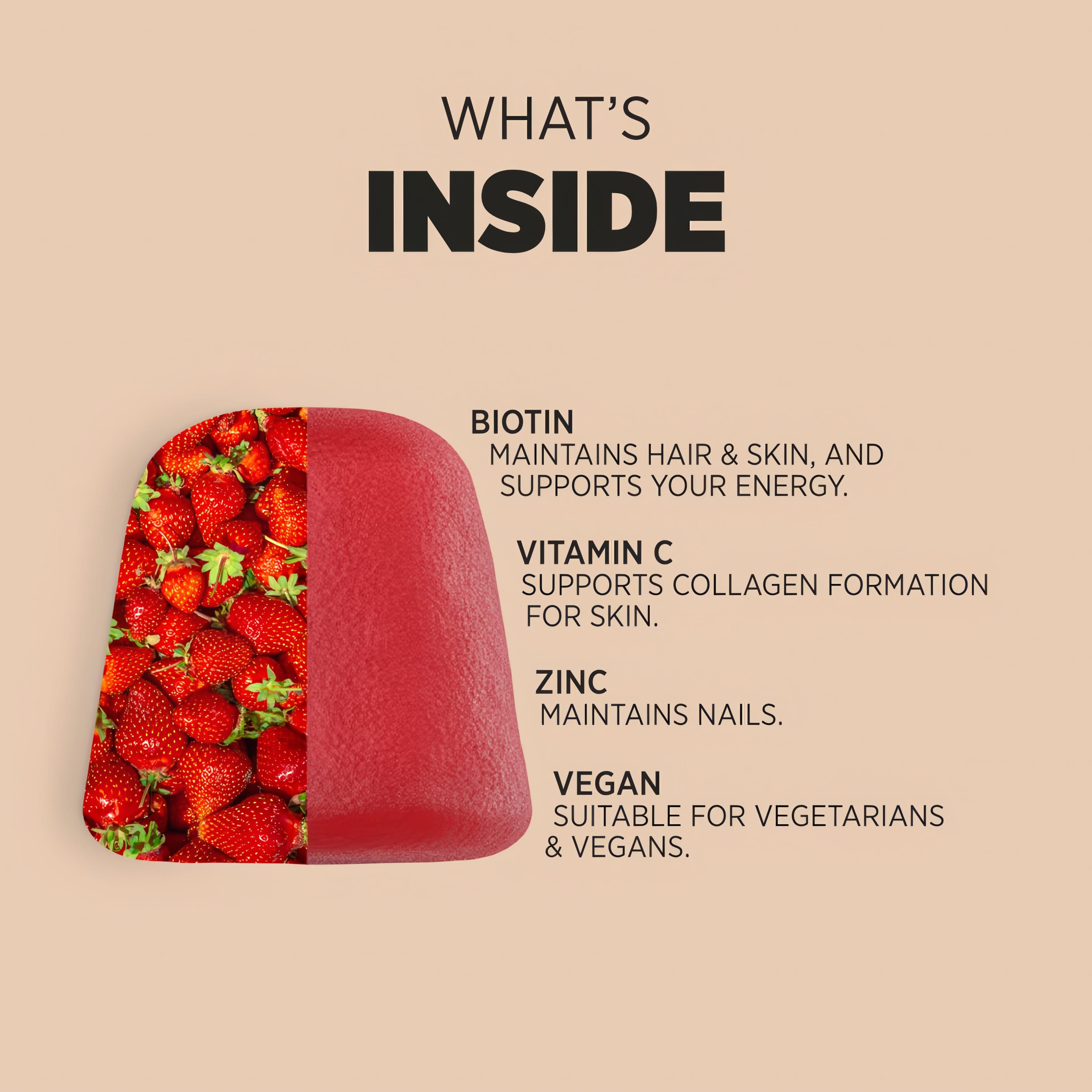 Product highlights graphic stating Biotin for hair, skin, and energy; Vitamin C for collagen and skin; Zinc for nails; Vegan.
