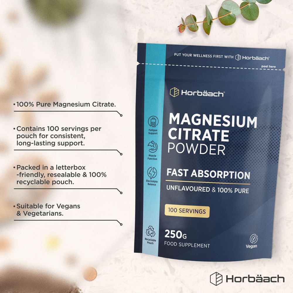 Magnesium Citrate Powder: 250g, 100 servings. Fast absorption, pure, vegan, in resealable & recyclable pouch.