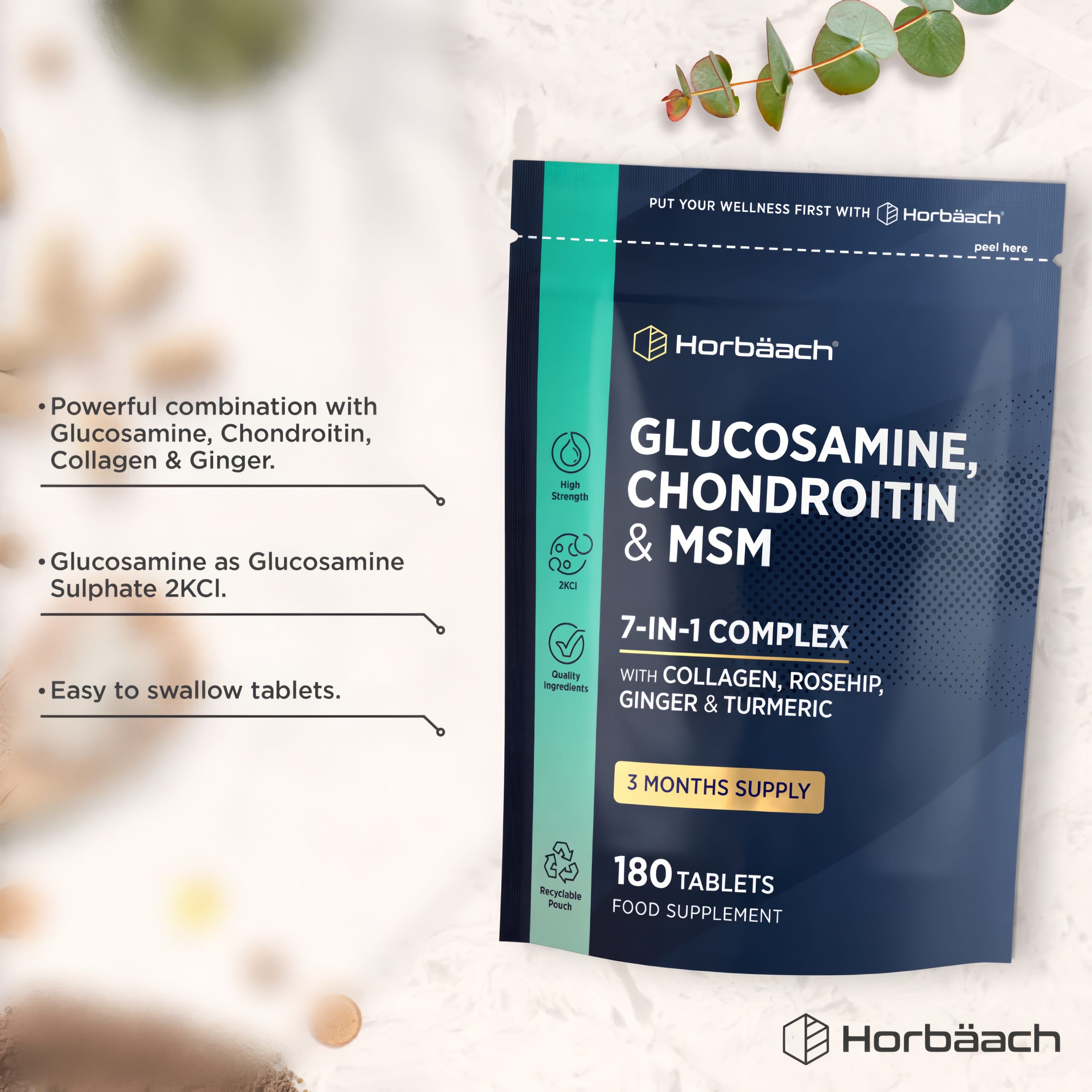 Product highlights graphic stating Powerful combo of Glucosamine, Chondroitin, Collagen & Ginger; Glucosamine as Sulphate 2KCI; Easy swallow tablets.