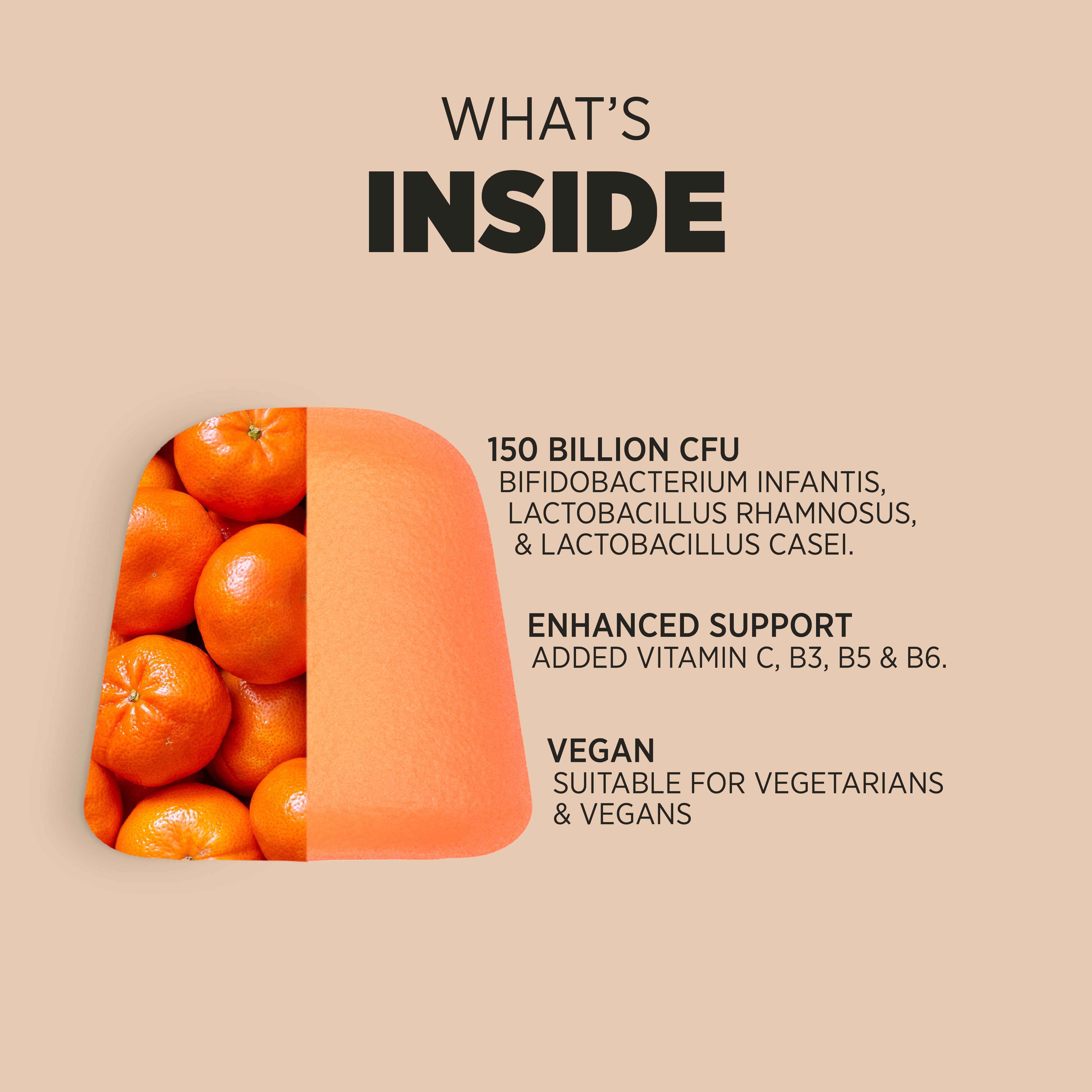 Product highlights graphic stating 150 BILLION CFU: B. infantis, L. rhamnosus, L. casei, ENHANCED SUPPORT: Vitamin C, B3, B5, B6, VEGAN