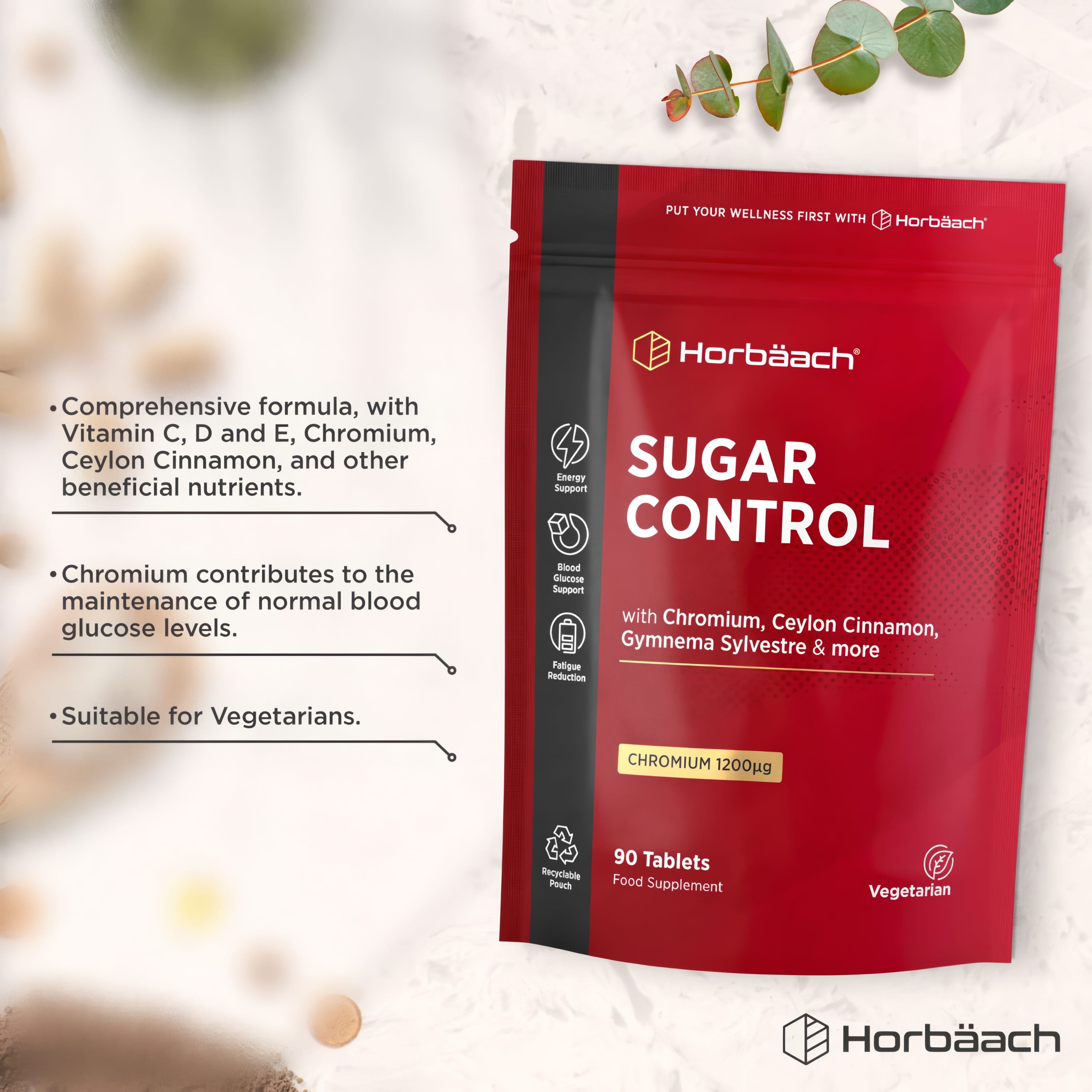 Horbäach Sugar Control 90 Tablets with Chromium 1200µg, Ceylon Cinnamon, and Gymnema. Supports blood glucose. Vegetarian.
