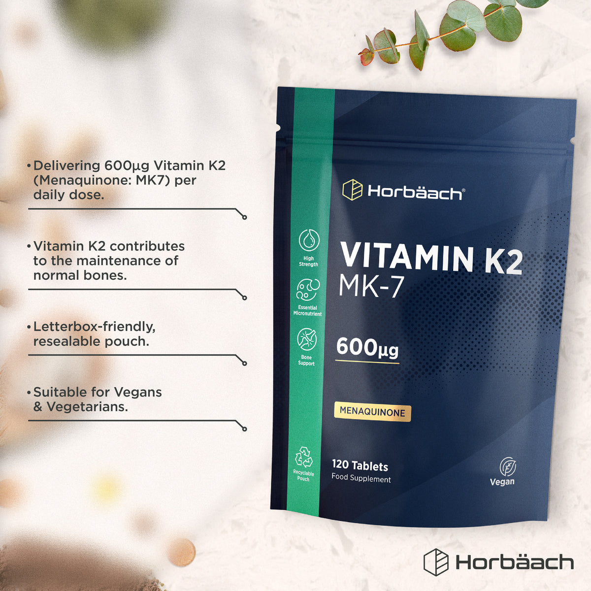 Product highlights graphic stating 600µg Vitamin K2 MK-7 daily, supports normal bones, resealable pouch, suitable for Vegans/Vegetarians.