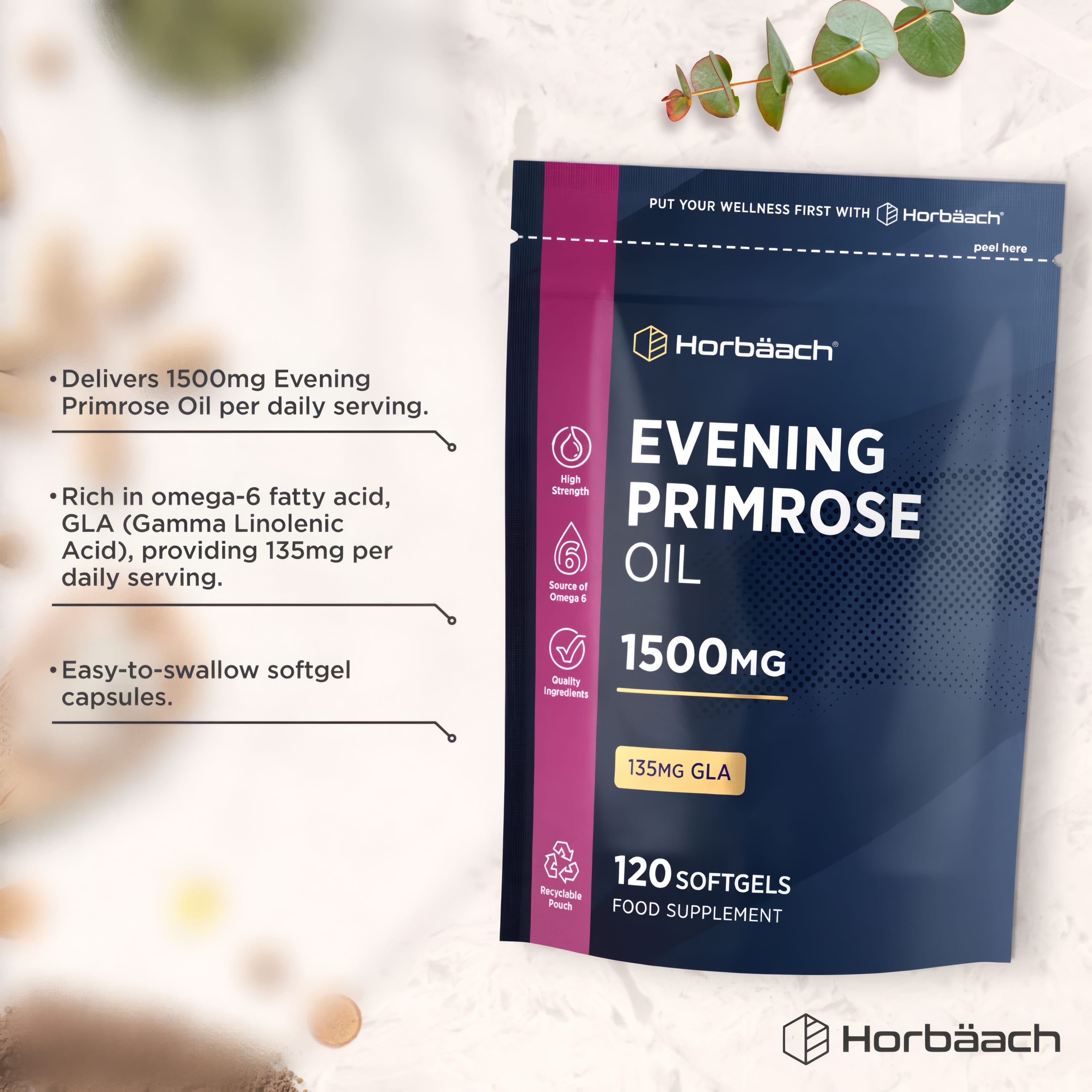 Product highlights graphic stating 1500mg Evening Primrose Oil, 135mg GLA omega-6, easy-to-swallow softgels.