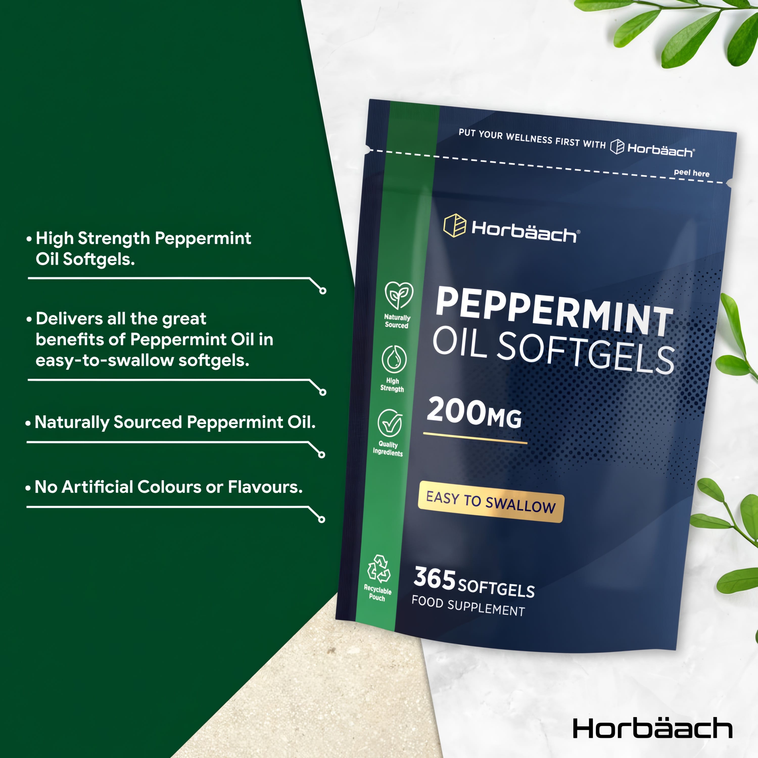 Product highlights graphic stating high strength, easy-to-swallow softgels, naturally sourced oil, no artificial colours or flavours.