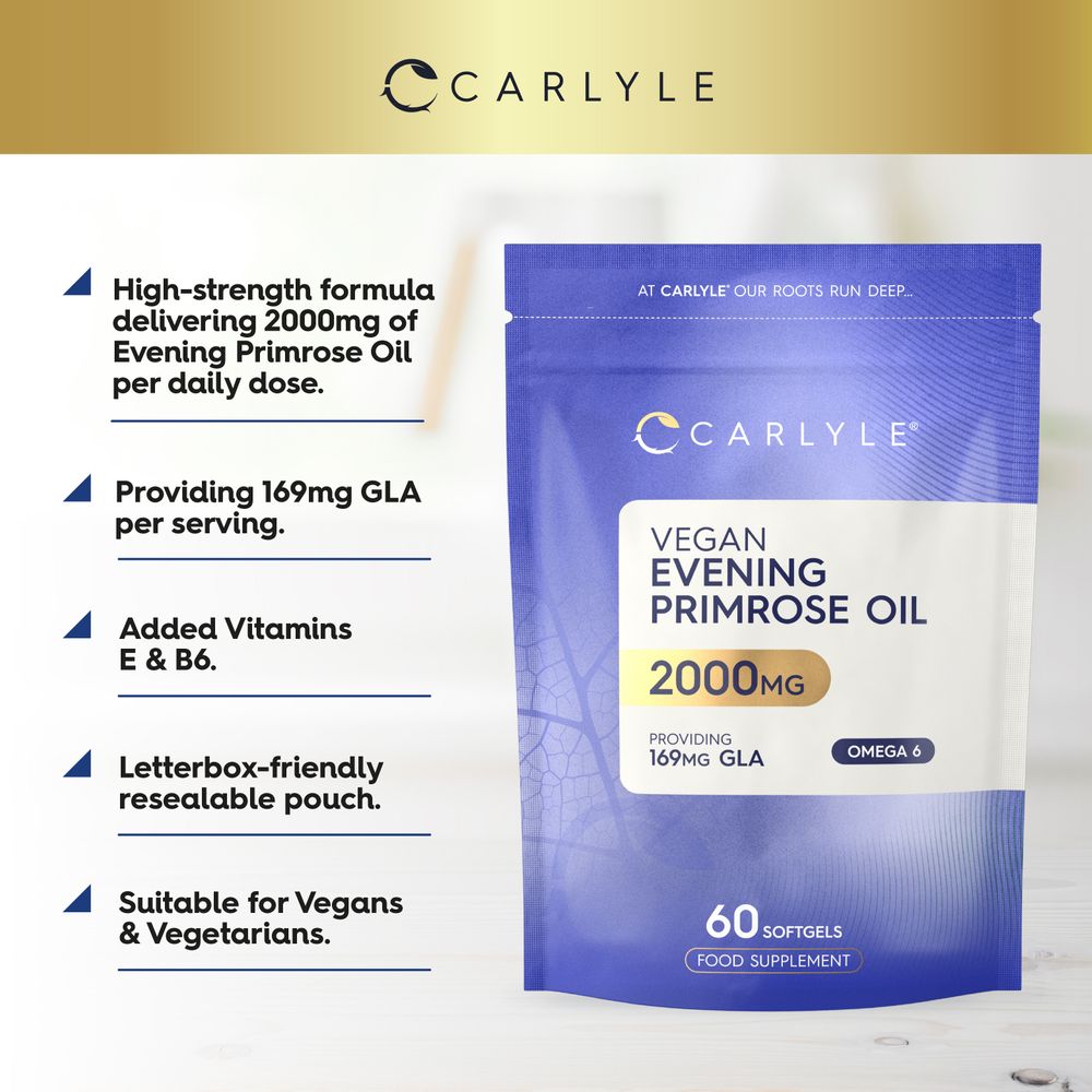 A pouch of vegan Evening Primrose Oil 2000mg containing 60 softgels, shown on a hand scale for size reference.