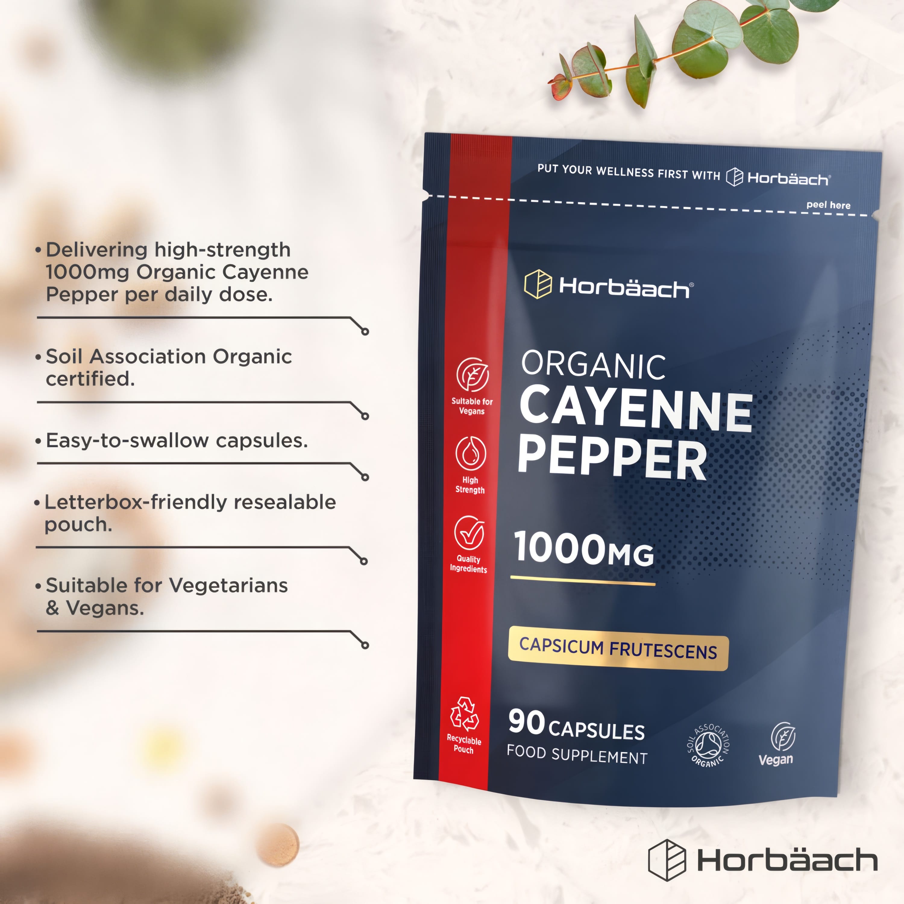 Product highlights graphic stating 1000mg Organic Cayenne Pepper, organic certified, easy-to-swallow, resealable pouch, vegetarian & vegan.