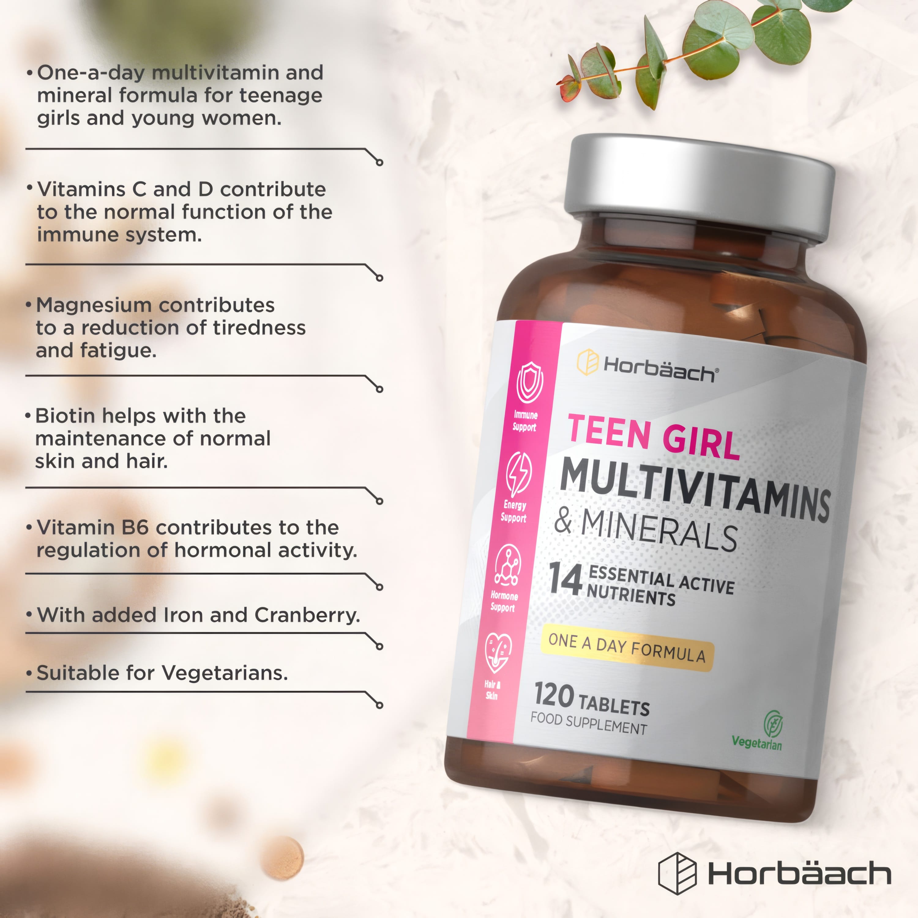 Horbäach Teen Girl Multivitamins & Minerals with 14 nutrients, one a day, 120 vegetarian tablets.