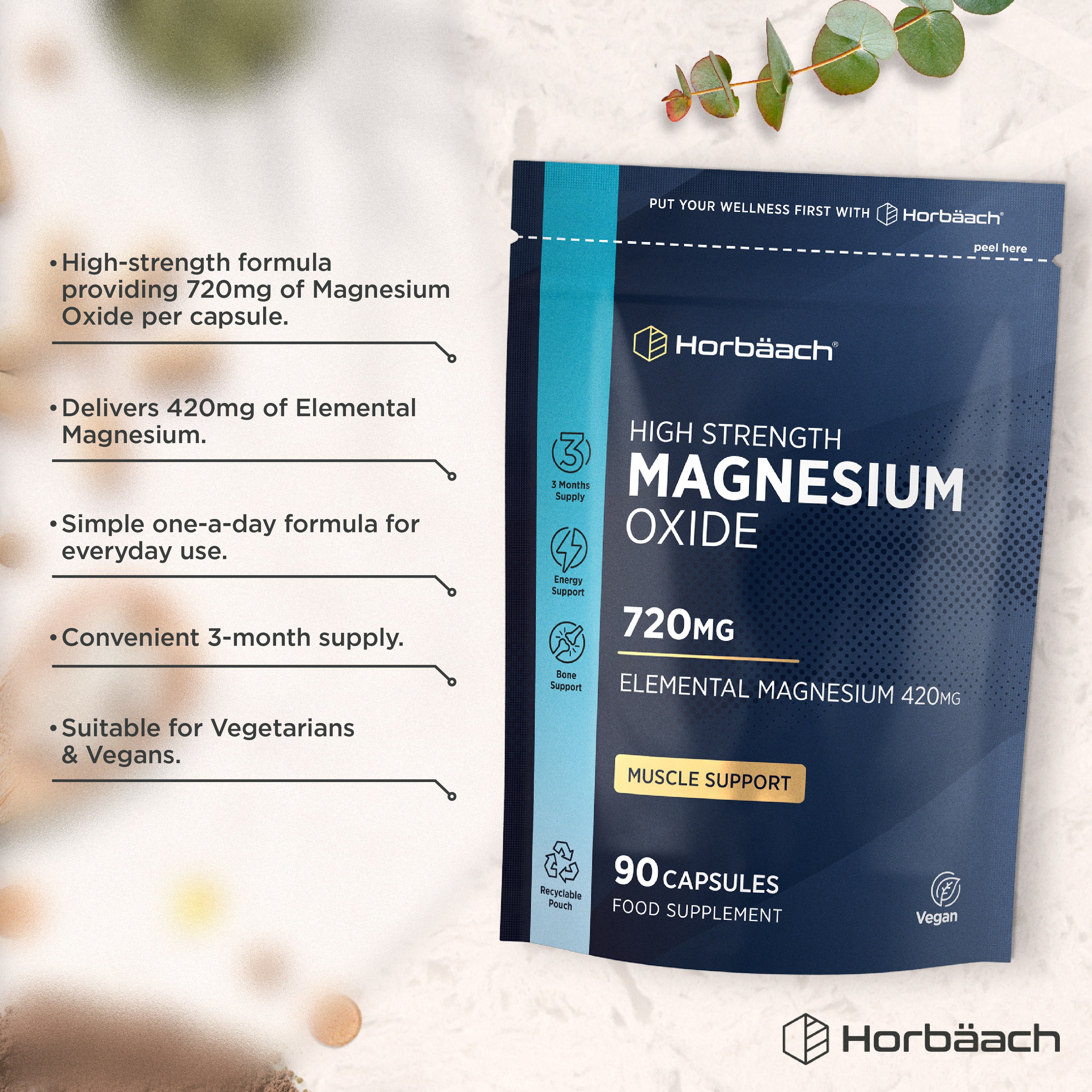 Horbäach High Strength Magnesium Oxide 720mg with Elemental Magnesium 420mg in a bottle of 90 Vegan Capsules.