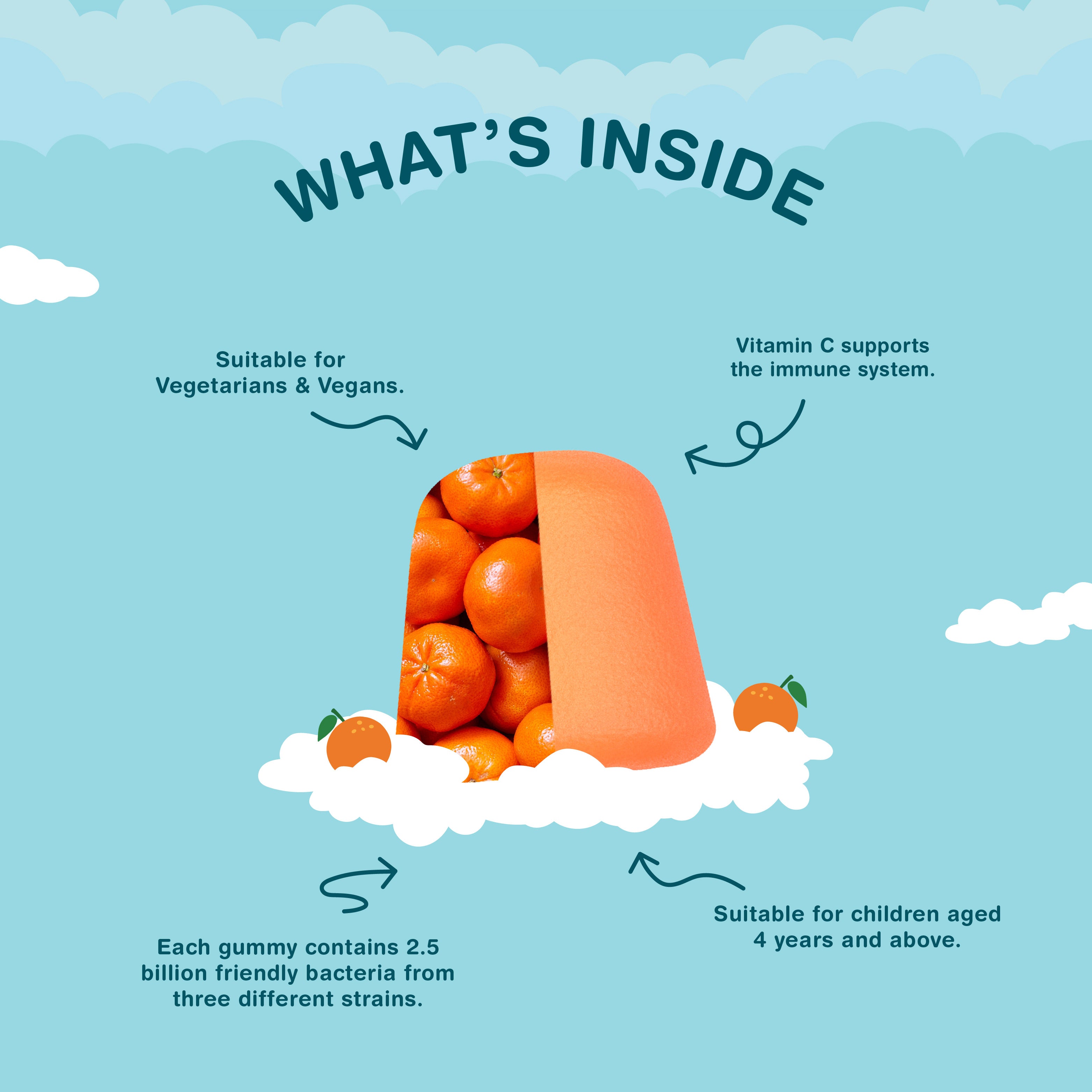 Product highlights graphic stating Vegetarian & Vegan, Vitamin C supports immunity, Gummy: 2.5B friendly bacteria (3 strains), For children 4+ years.