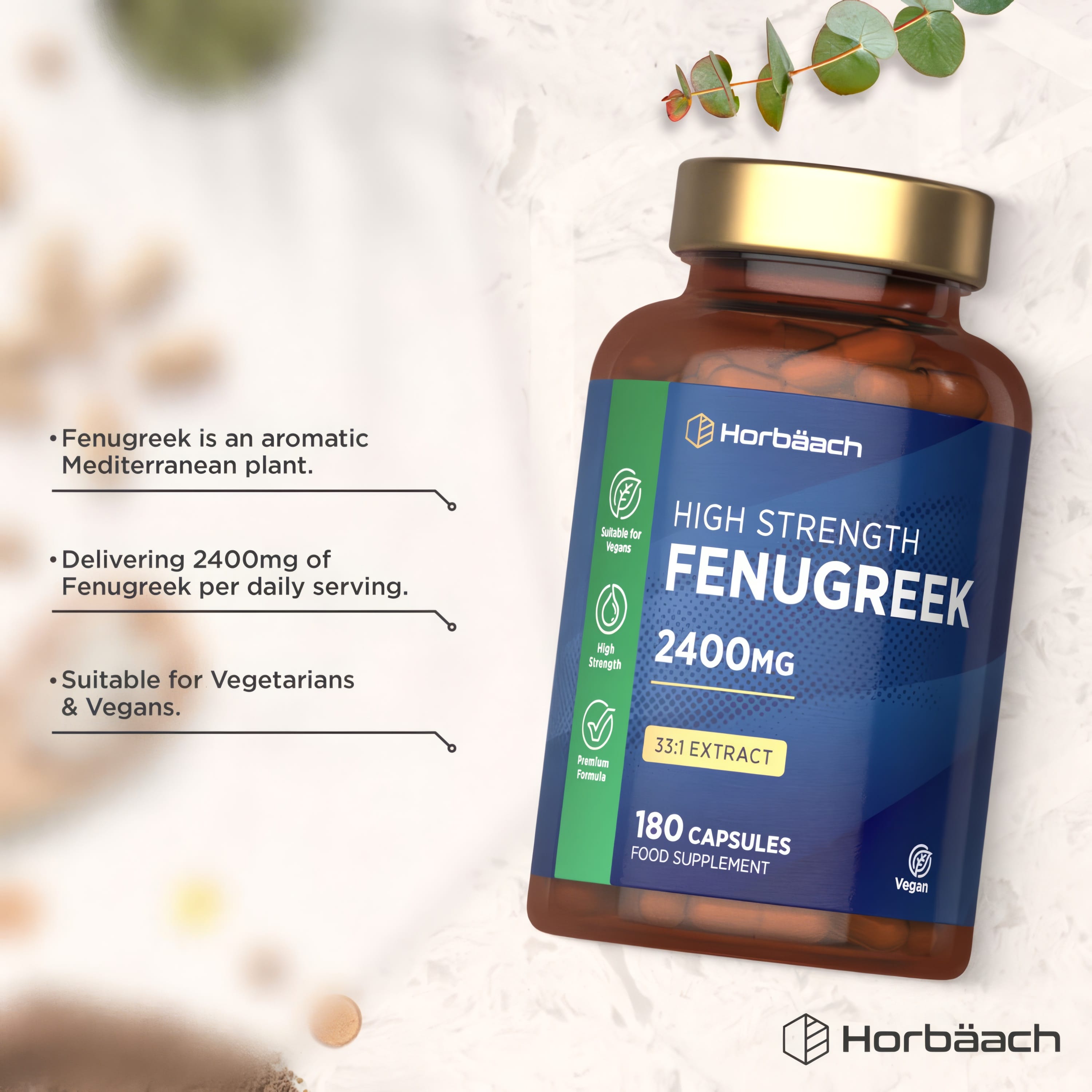 Fenugreek 2400mg 33:1 Extract, 180 Capsules. High strength, vegan food supplement for health.