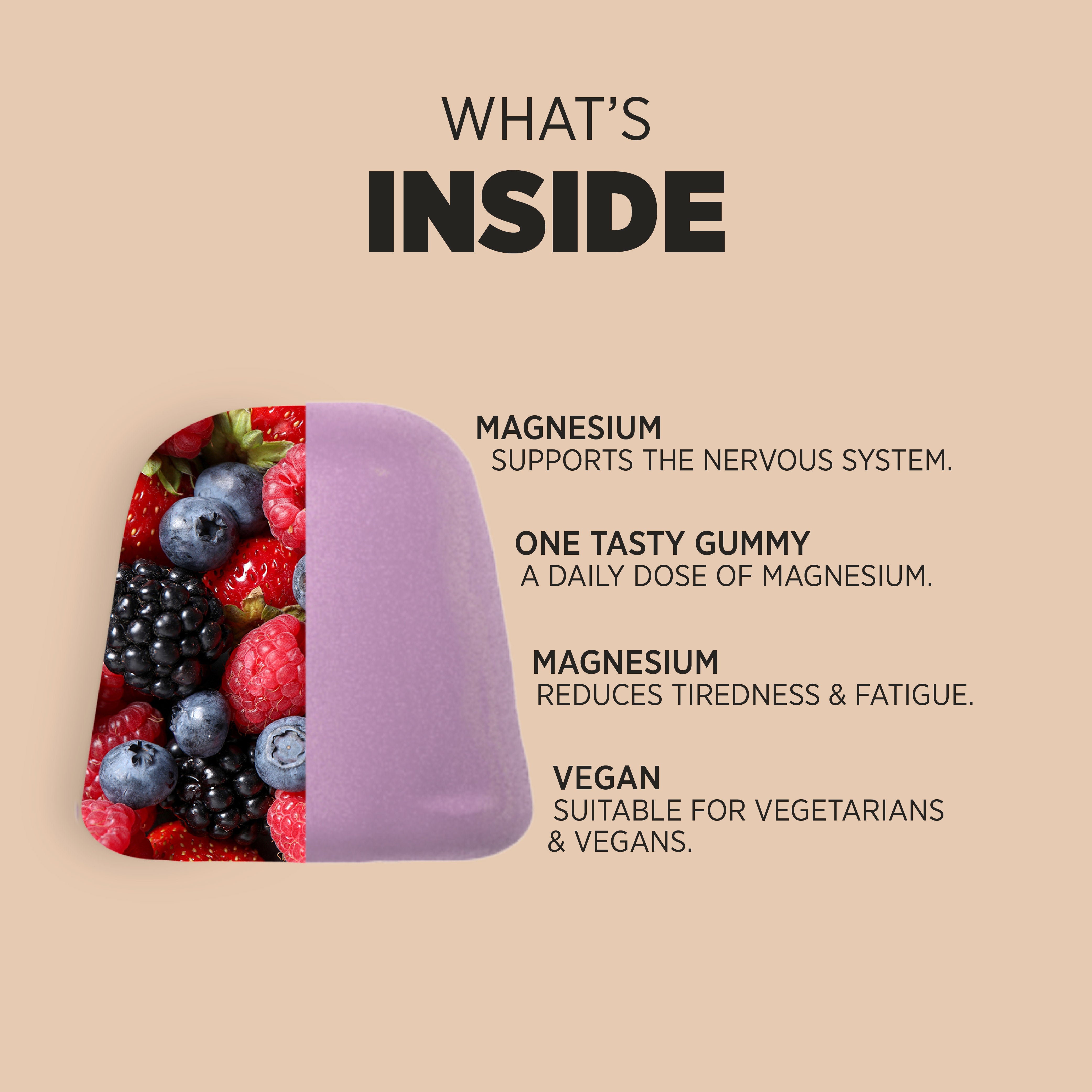 Product highlights graphic stating Magnesium supports nerves, One gummy, daily Magnesium dose, Reduces tiredness & fatigue, Vegan, for vegetarians/vegans.