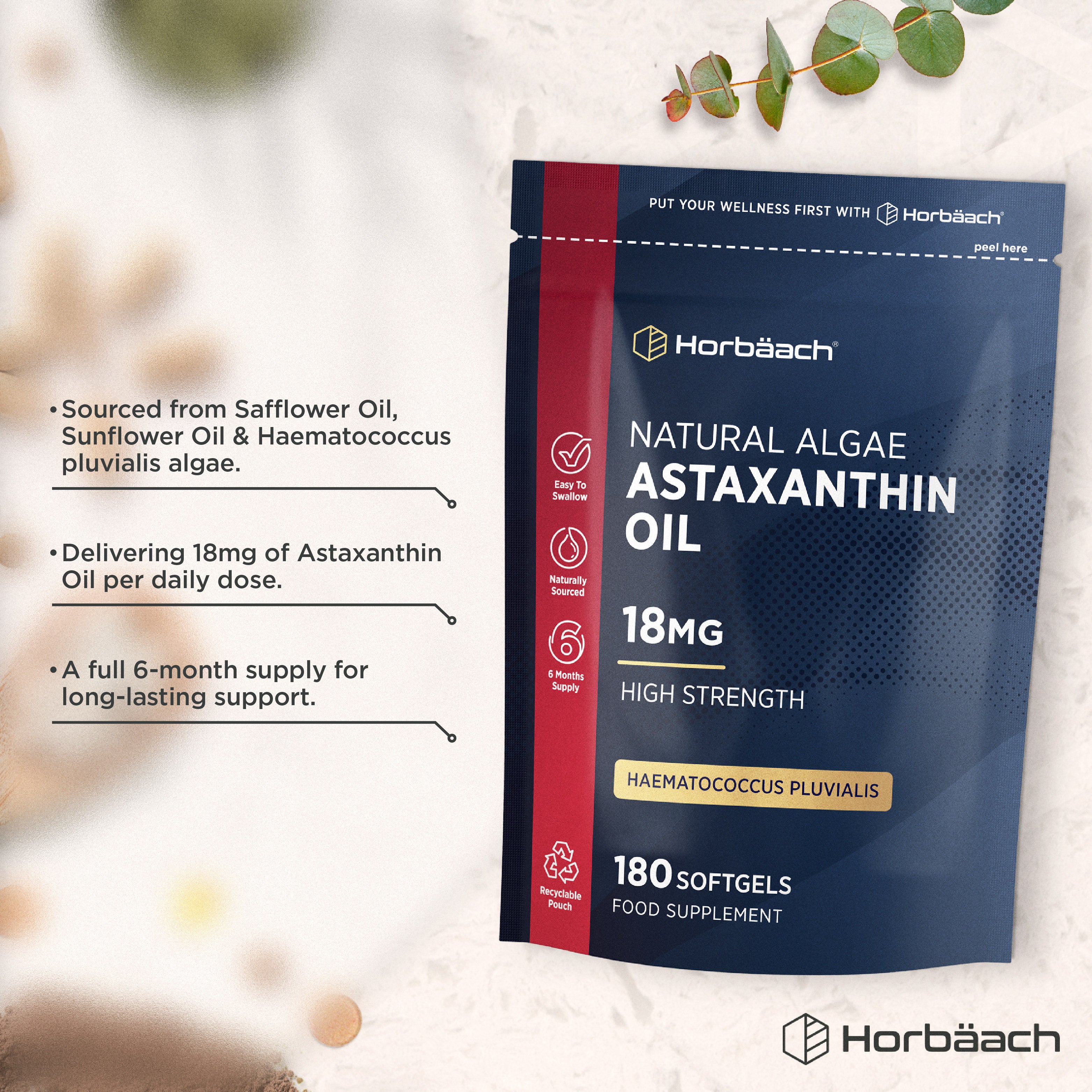 Natural Algae Astaxanthin Oil 18mg 180 Softgels Food Supplement in a pouch.