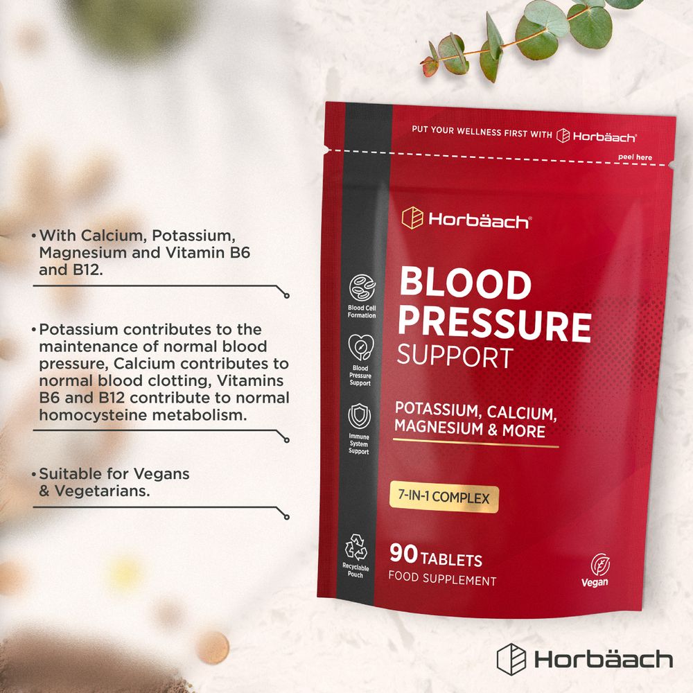 Horbäach Blood Pressure Support, 90 Tablets. Contains Potassium, Calcium, Magnesium, Vitamins B6 & B12. Vegan, Recyclable Pouch.