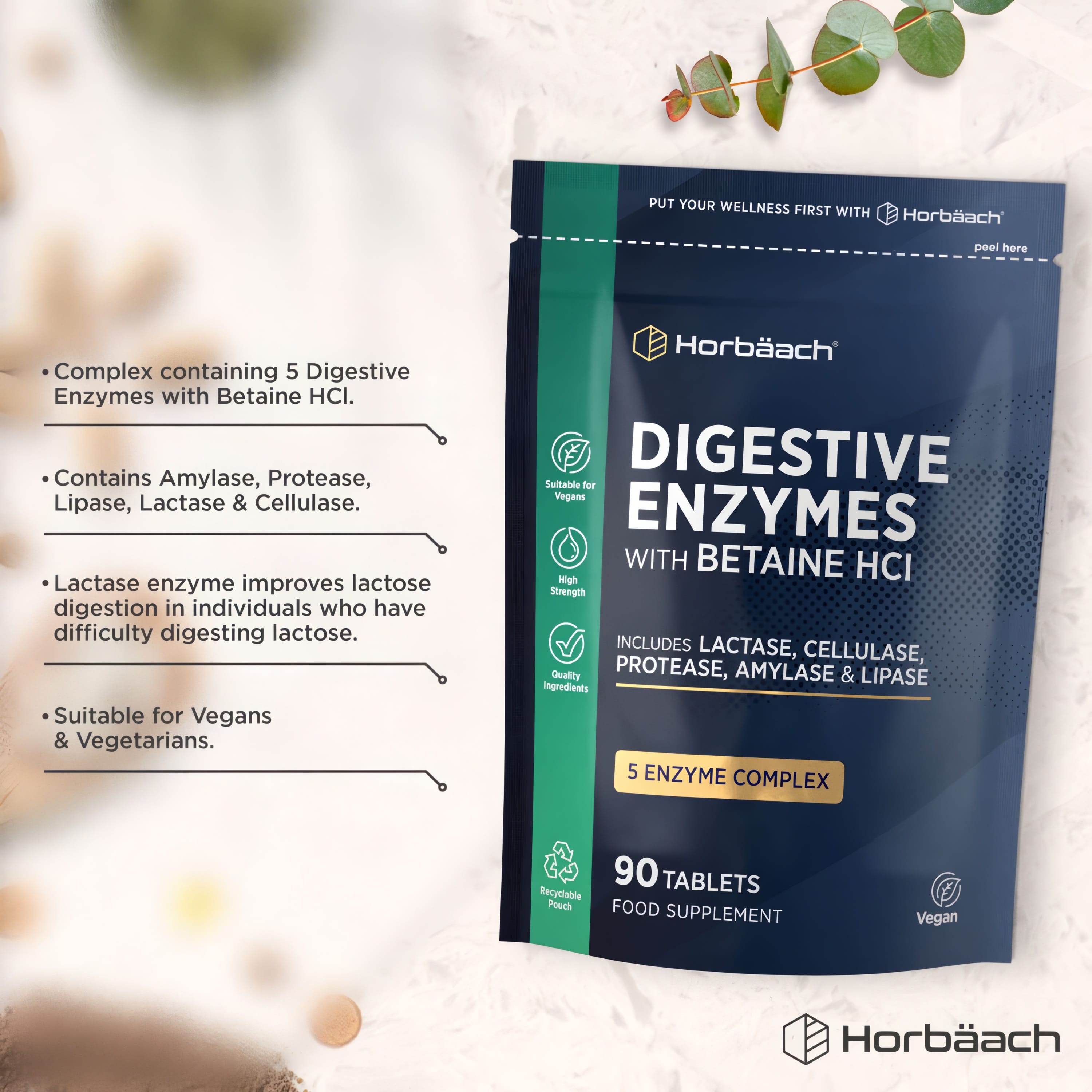 Digestive Enzymes with Betaine HCl, featuring a 5 Enzyme Complex including Lactase, Cellulase, Protease, Amylase, and Lipase.