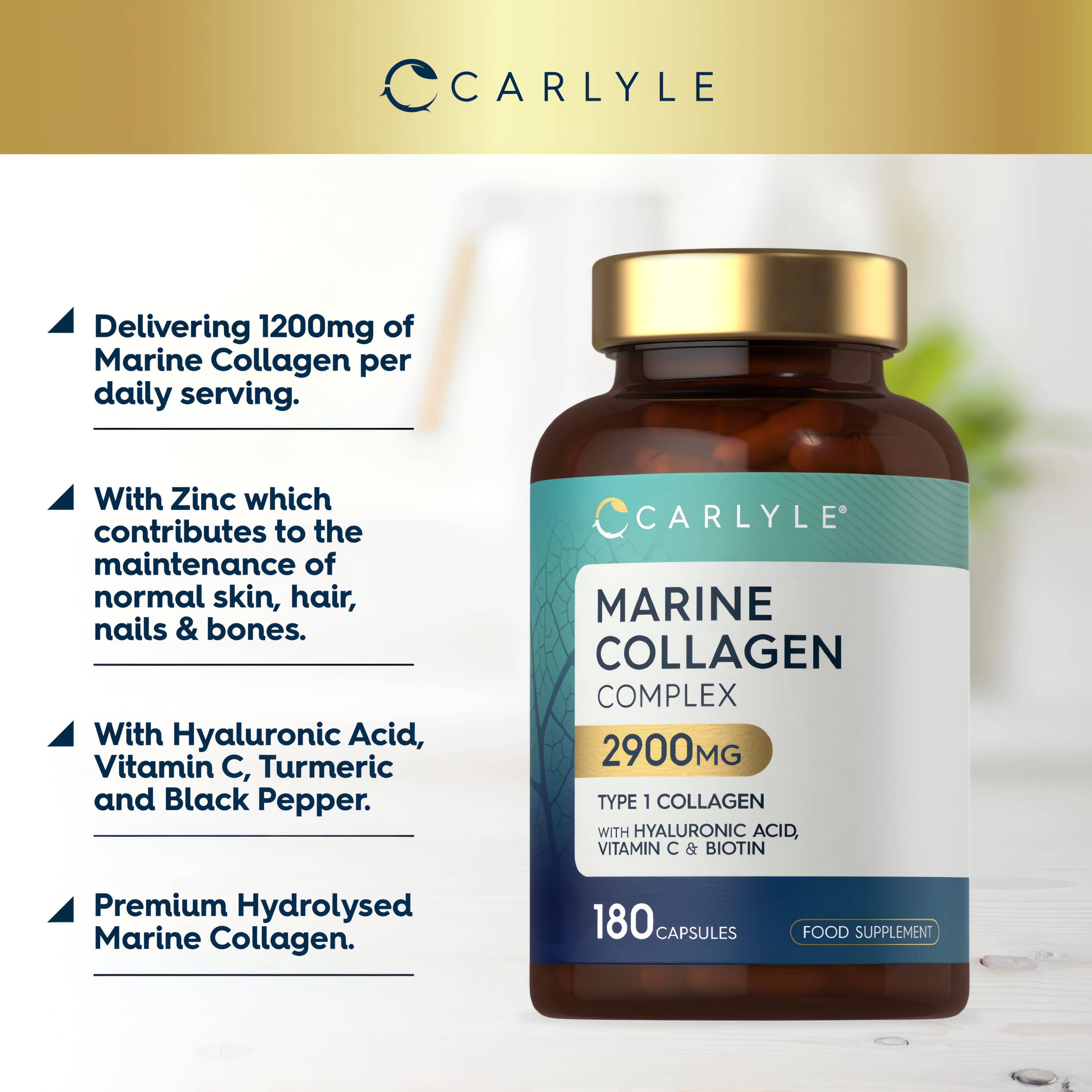 Carlyle Marine Collagen Complex 2900mg with 180 capsules is shown in the product image.