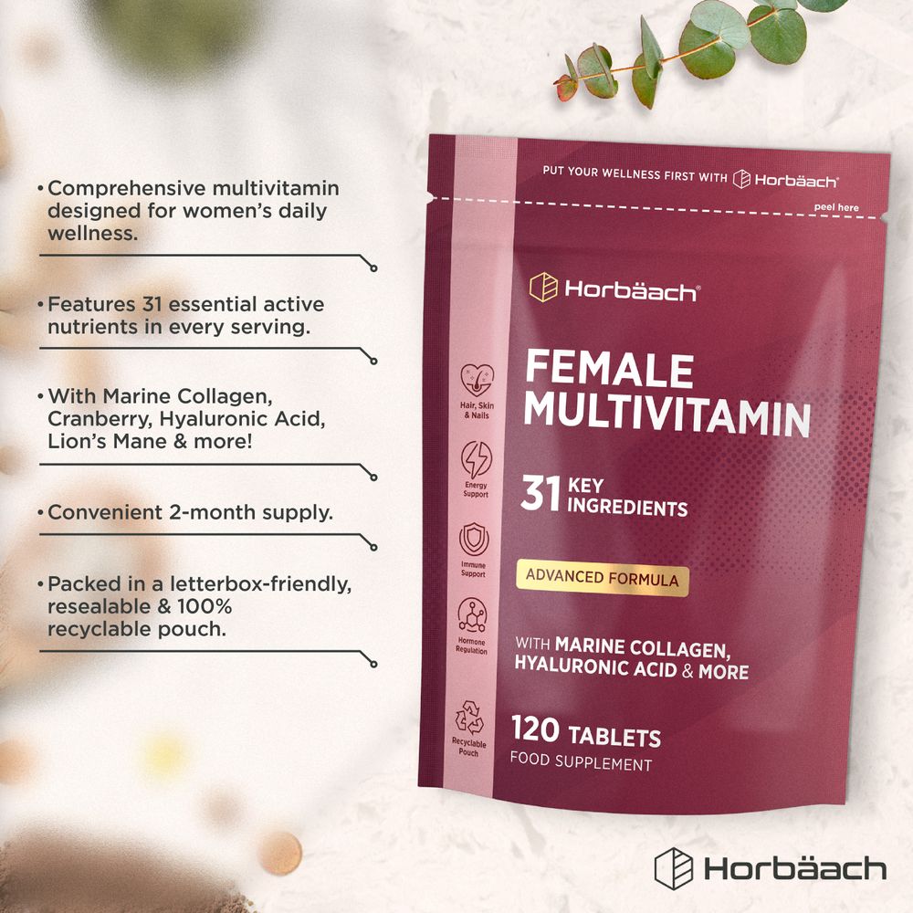 Product highlights graphic stating Women's multivitamin, 31 nutrients, Marine Collagen, Hyaluronic Acid, 2-month supply, recyclable pouch.