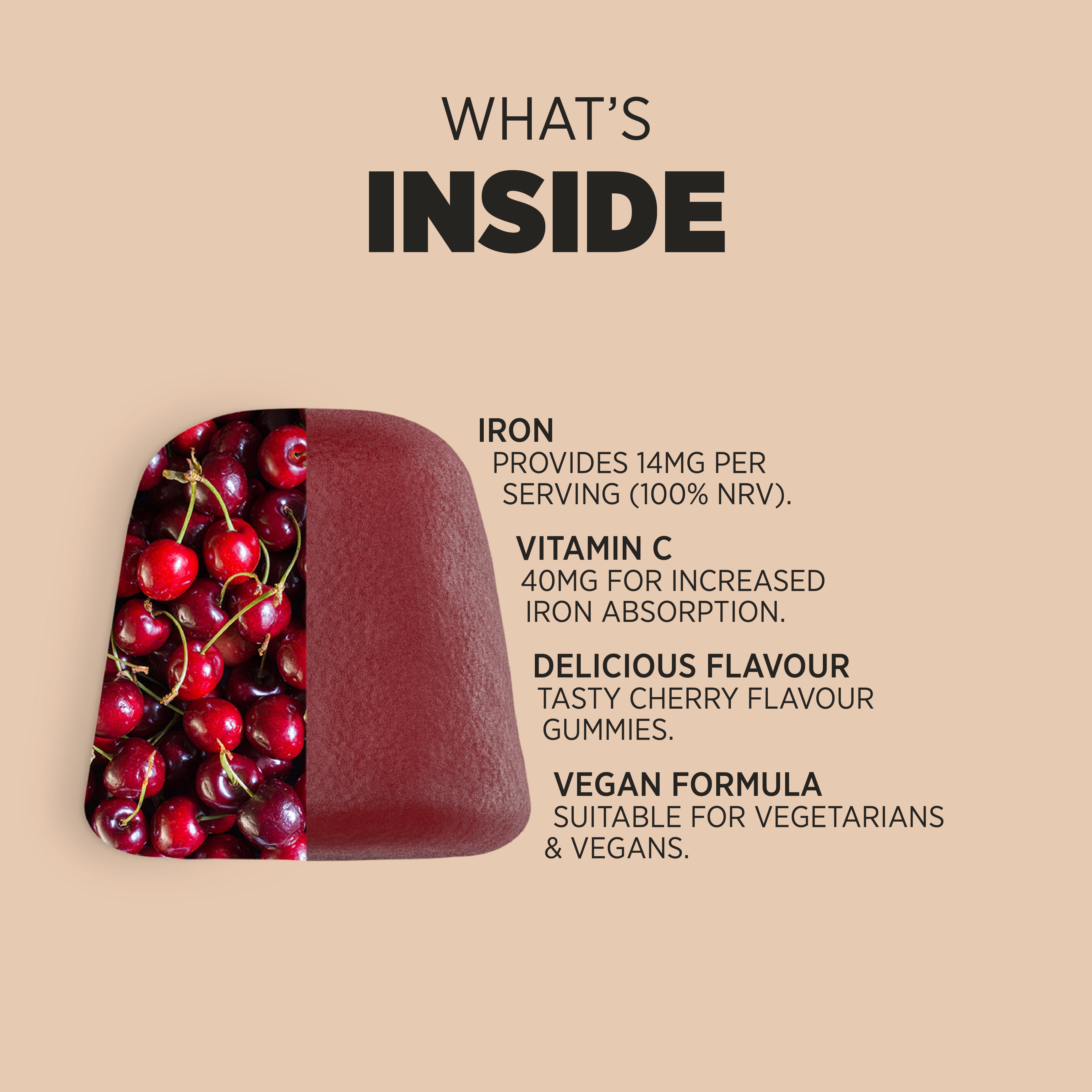 Product highlights graphic stating Iron 14mg (100% NRV), Vitamin C 40mg (iron absorption), Cherry gummies, Vegan for vegetarians & vegans.