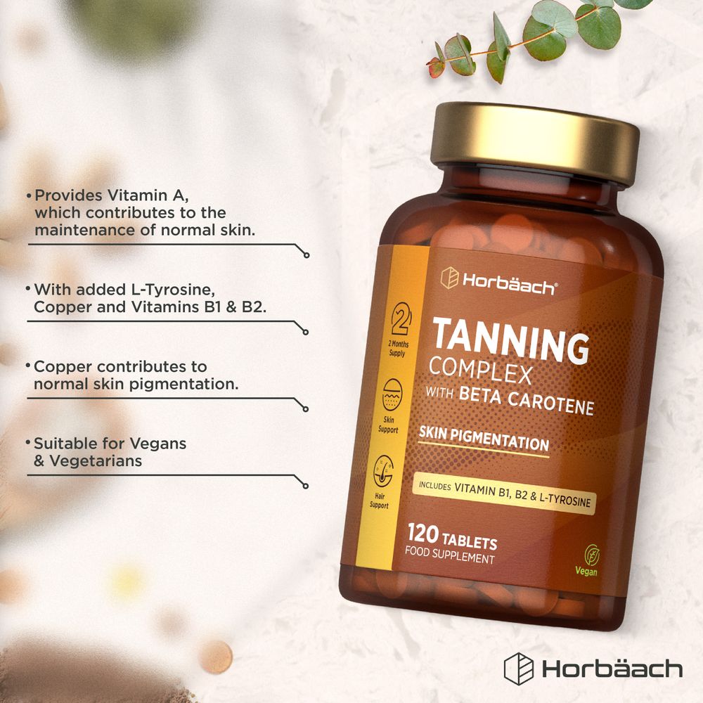Food supplement: Tanning Complex with Beta Carotene, 120 Vegan Tablets for enhanced skin pigmentation.