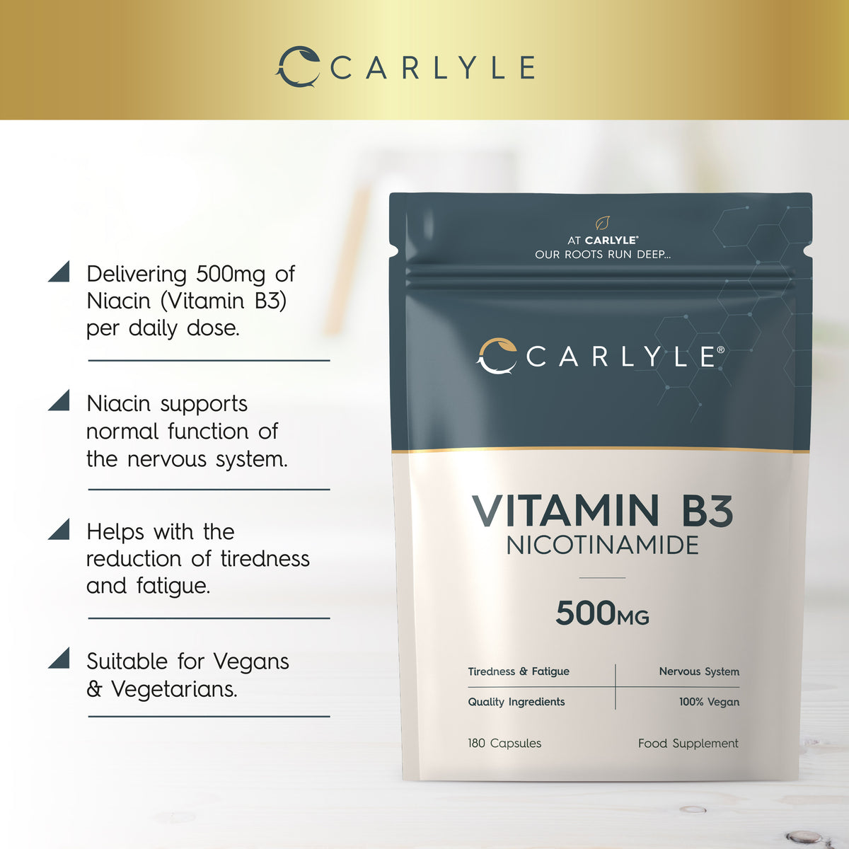 Product highlights graphic stating 500mg Niacin (B3) daily, supporting the nervous system, reducing tiredness/fatigue, Vegan & Vegetarian.