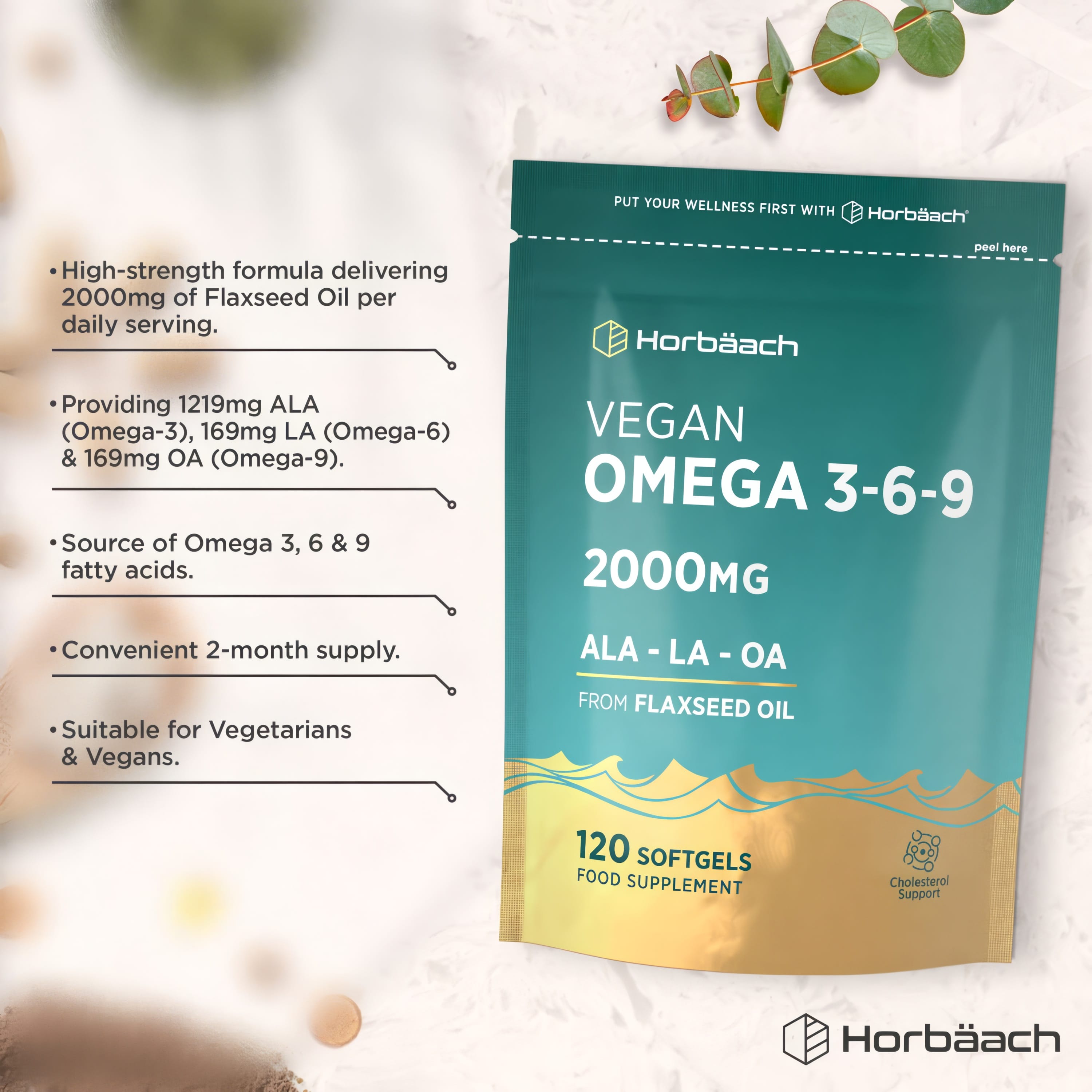 Product highlights graphic stating 2000mg Flaxseed Oil O3,6,9 (1219 ALA, 169 LA, 169 OA), 2-month supply, Vegan.