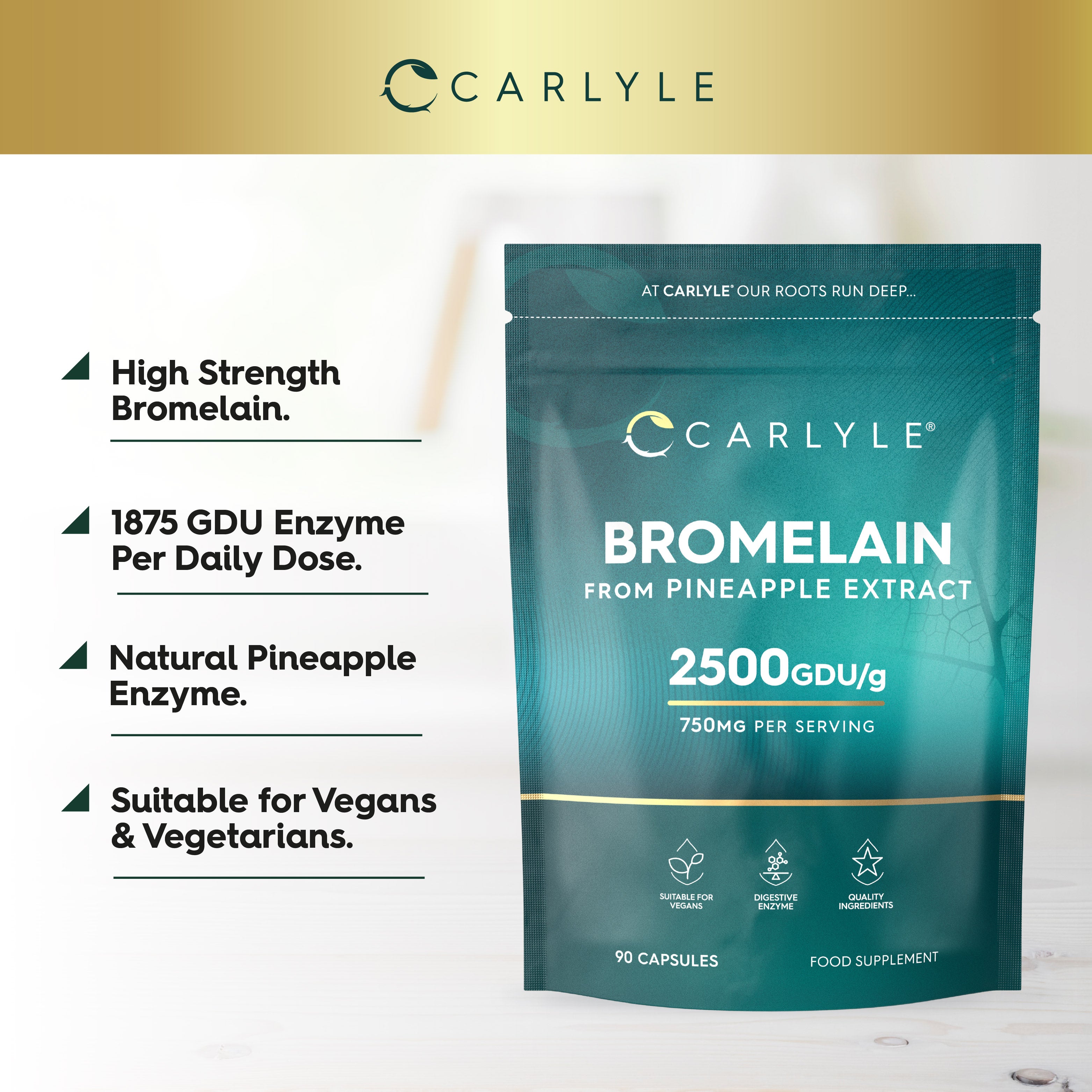 Carlyle Bromelain from Pineapple Extract, 2500 GDU/g, 750mg per serving, 90 capsules, food supplement.