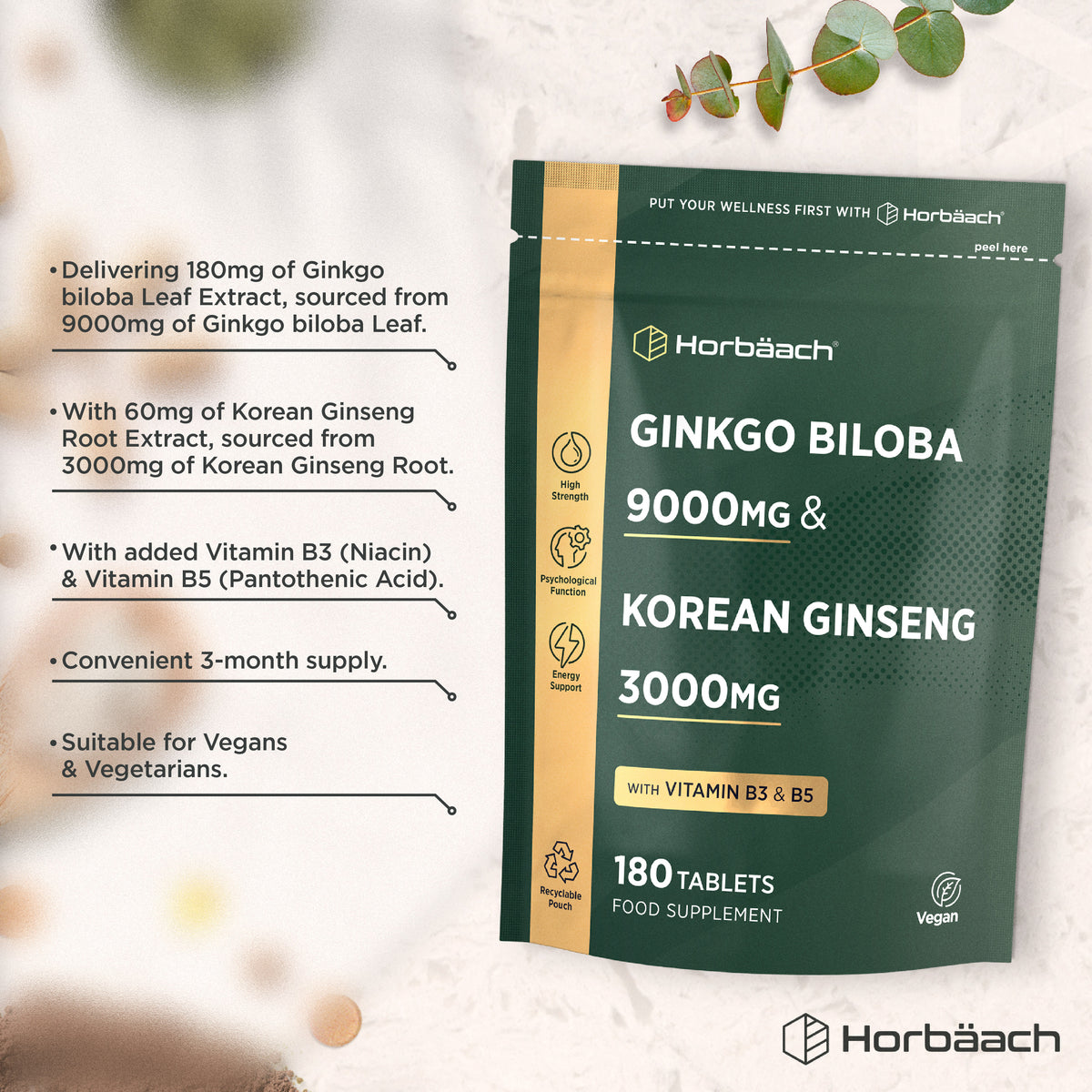 Product highlights graphic stating 180mg Ginkgo (9000mg leaf), 60mg Ginseng (3000mg root), Vitamins B3 & B5, 3-month supply, Vegan.