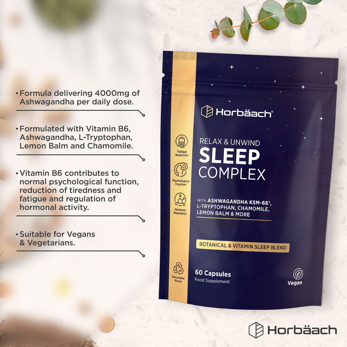 Product highlights graphic stating 4000mg Ashwagandha; B6, L-Tryptophan, Lemon Balm, Chamomile; B6 aids sleep. Vegan/Vegetarian.