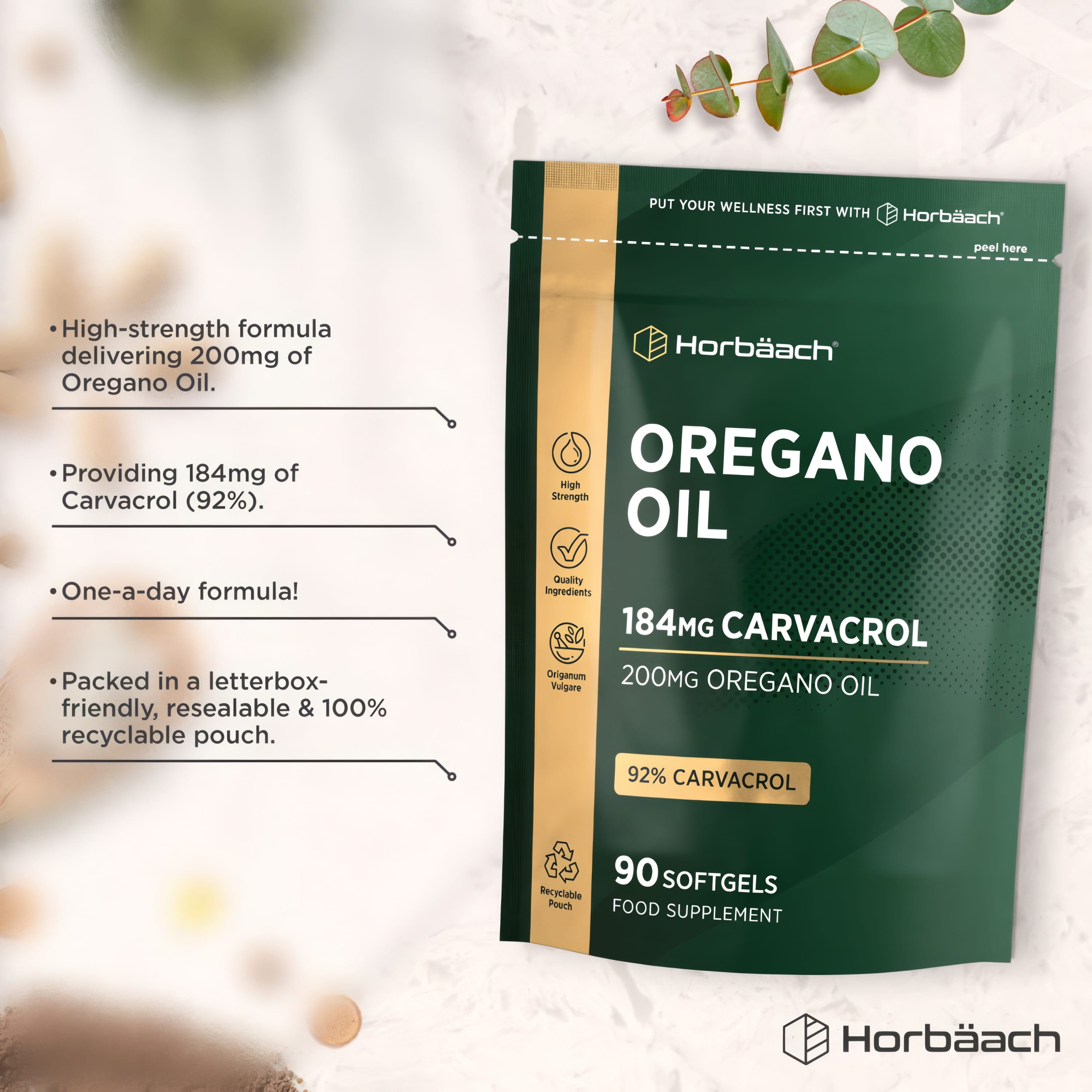 Product highlights graphic stating 200mg Oregano Oil, 184mg Carvacrol (92%), one-a-day, resealable recyclable pouch.